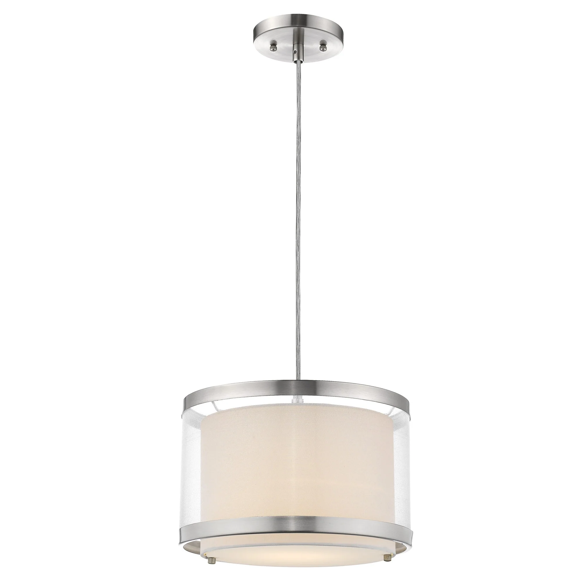 Lux 1-Light Brushed Nickel Pendant With Metal Trimmed Sheer Snow Shantung Two Tier Shade By Homeroots - Image 2