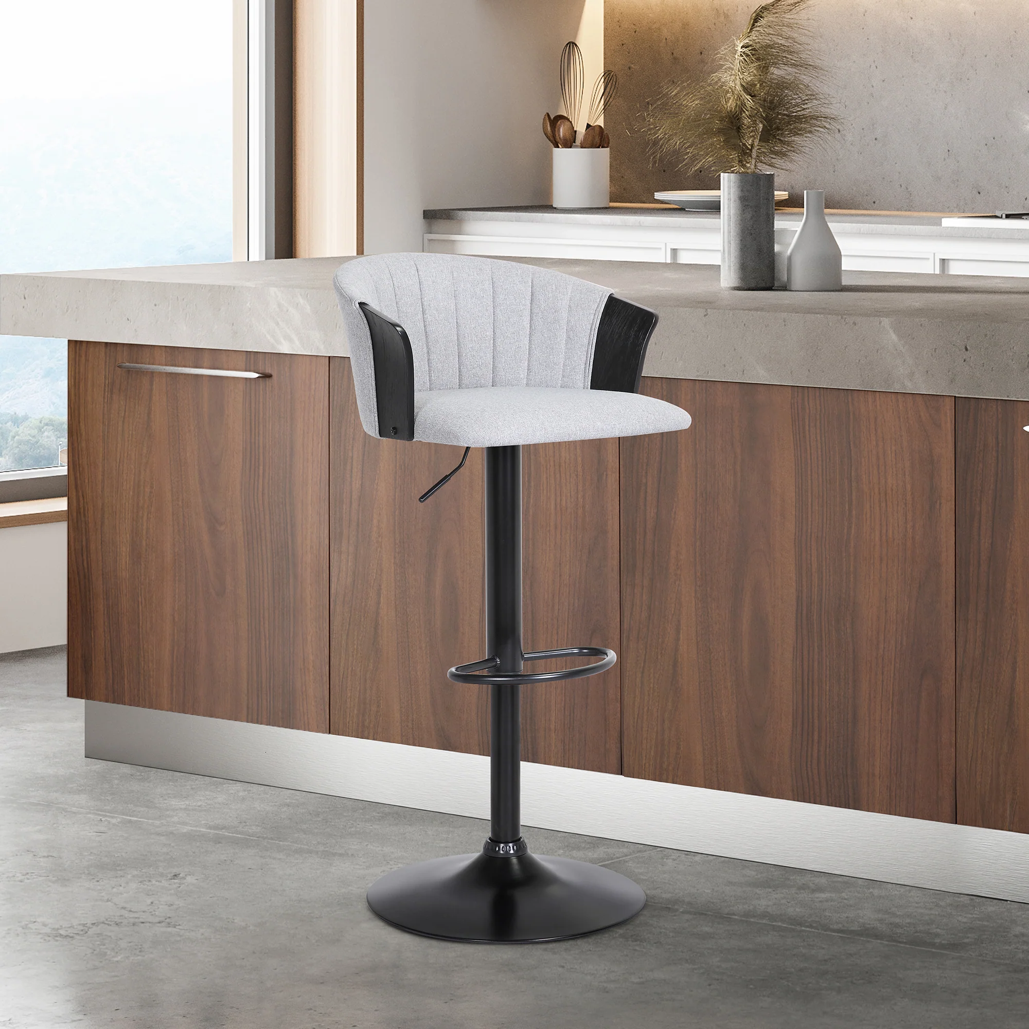 Lydia Adjustable Black Wood Bar Stool in Grey Faux Leather with Black Metal By Armen Living - Image 11