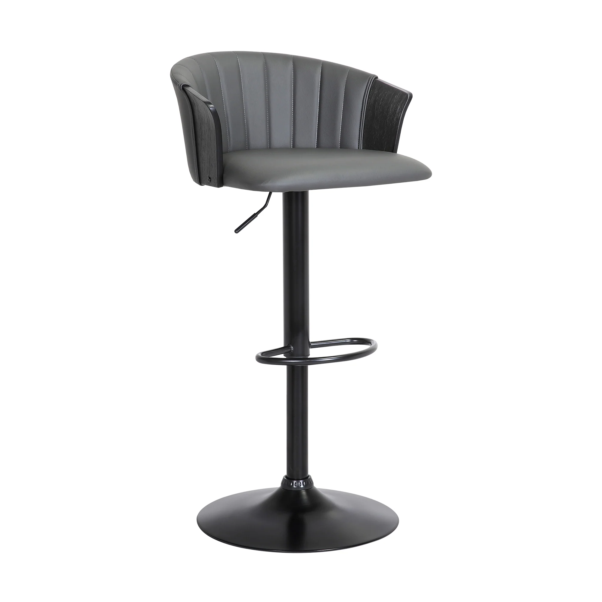 Lydia Adjustable Black Wood Bar Stool in Grey Faux Leather with Black Metal By Armen Living - Image 2