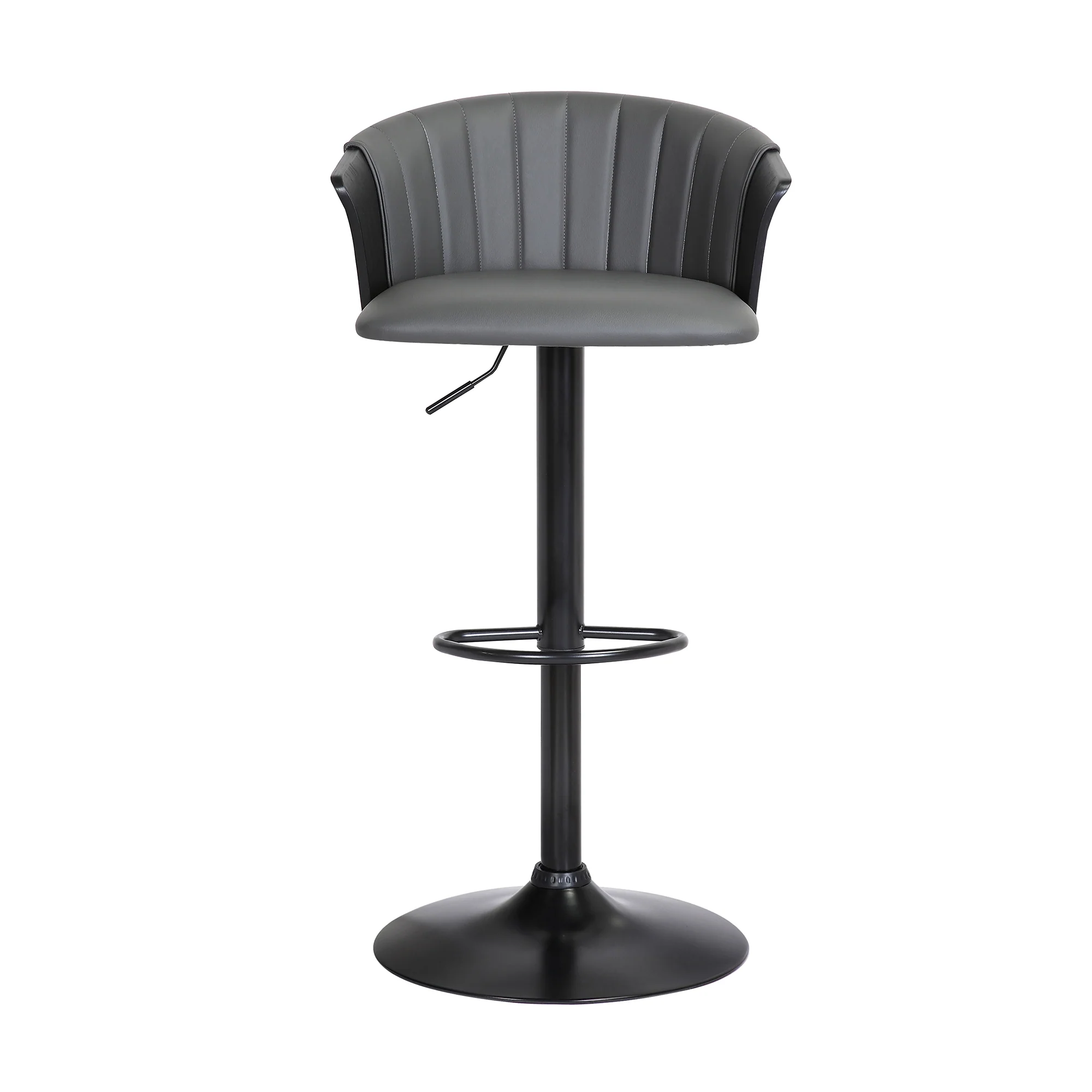 Lydia Adjustable Black Wood Bar Stool in Grey Faux Leather with Black Metal By Armen Living - Image 3