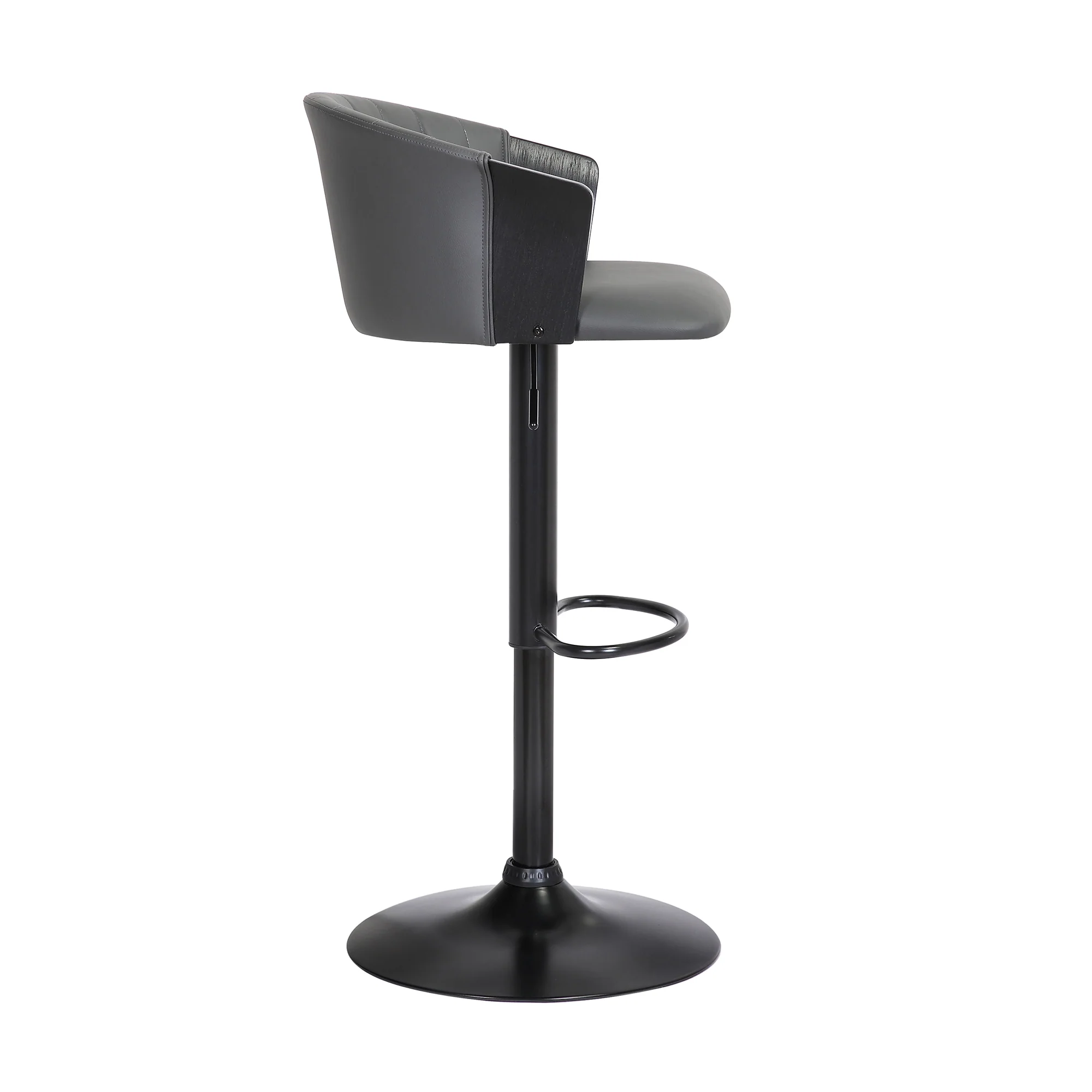 Lydia Adjustable Black Wood Bar Stool in Grey Faux Leather with Black Metal By Armen Living - Image 4