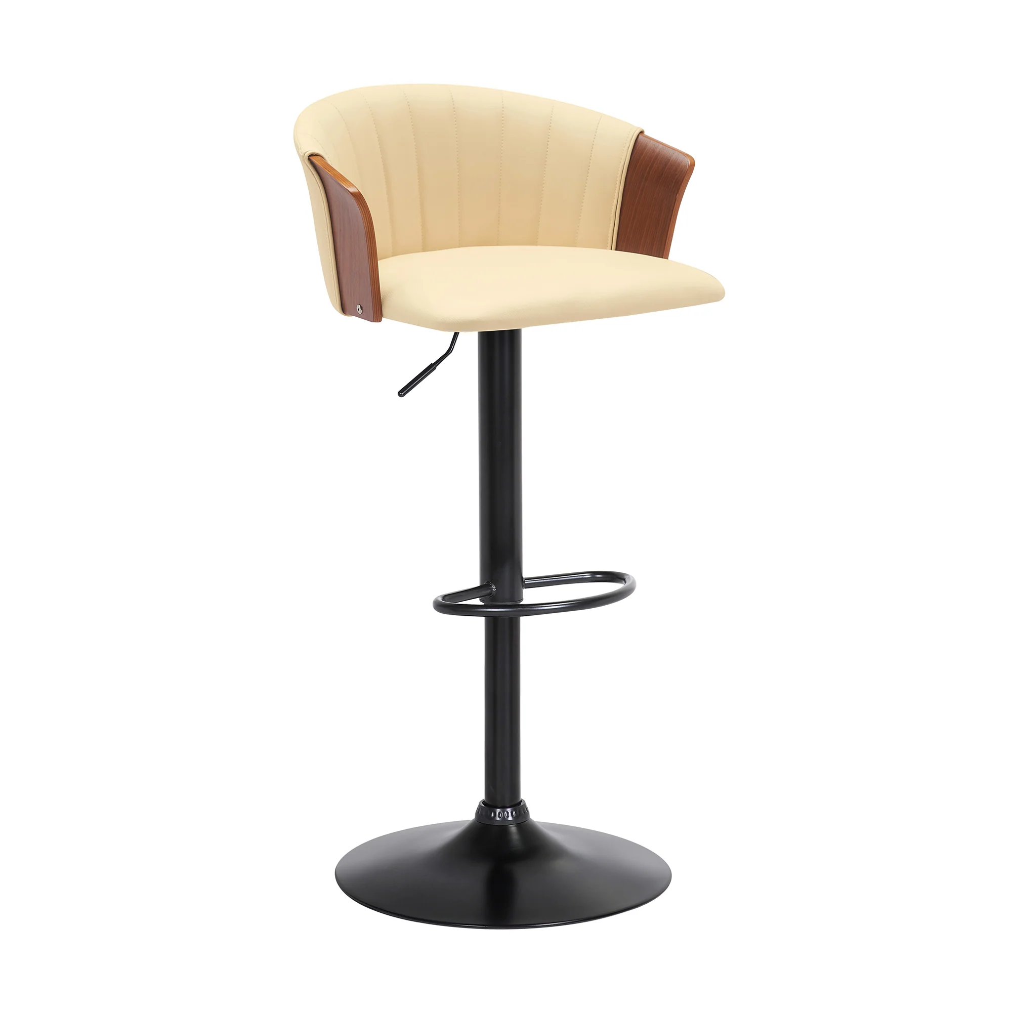 Lydia Adjustable Walnut Wood Bar Stool in Cream Faux Leather with Black Metal By Armen Living - Image 2