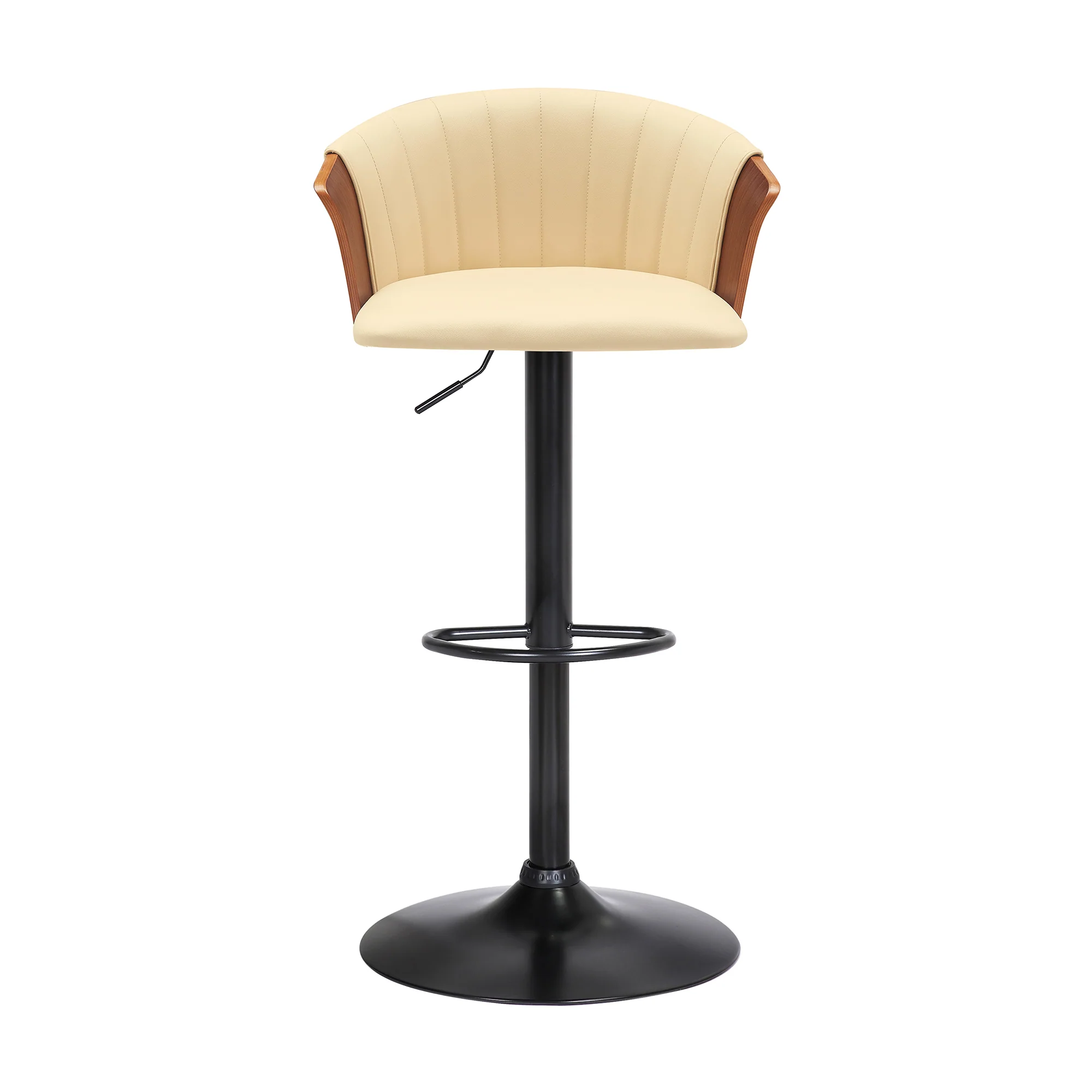 Lydia Adjustable Walnut Wood Bar Stool in Cream Faux Leather with Black Metal By Armen Living - Image 3