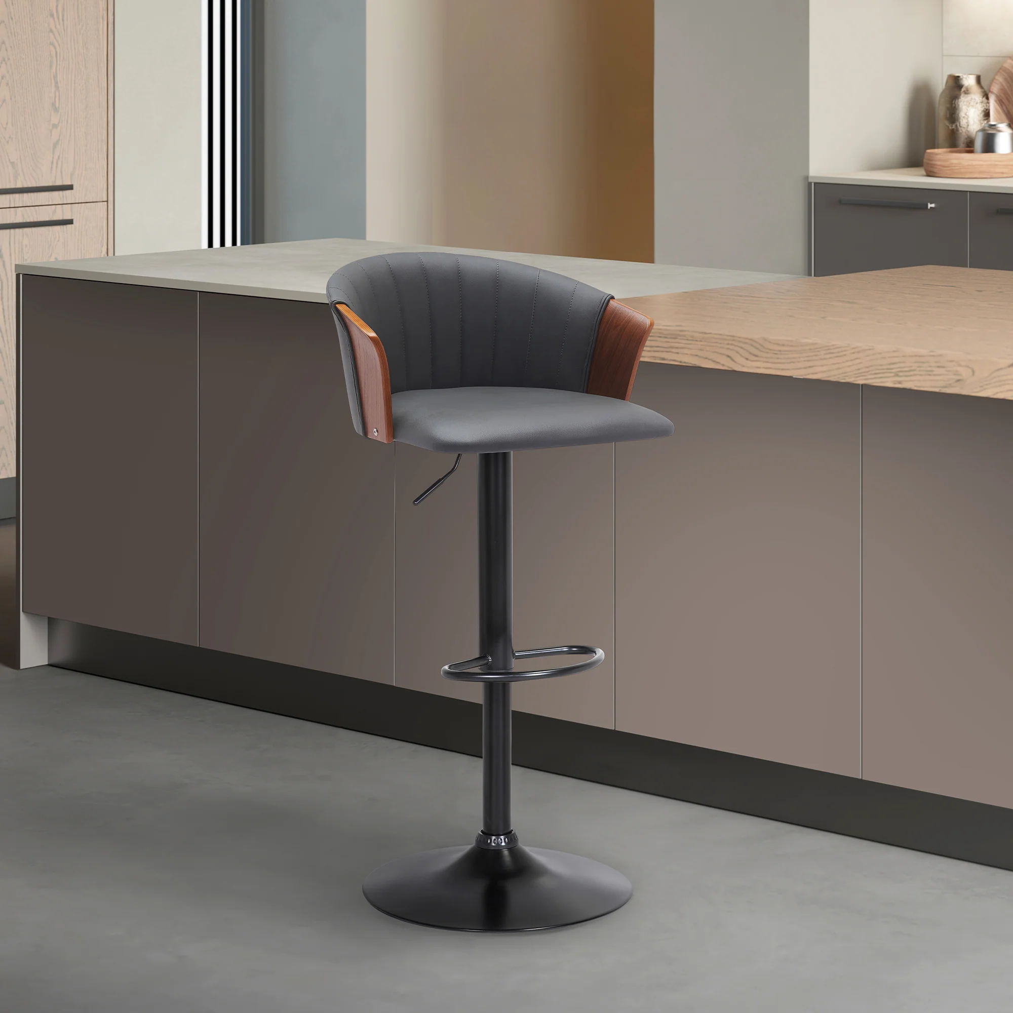 Lydia Adjustable Walnut Wood Bar Stool in Cream Faux Leather with Black Metal By Armen Living - Image 9