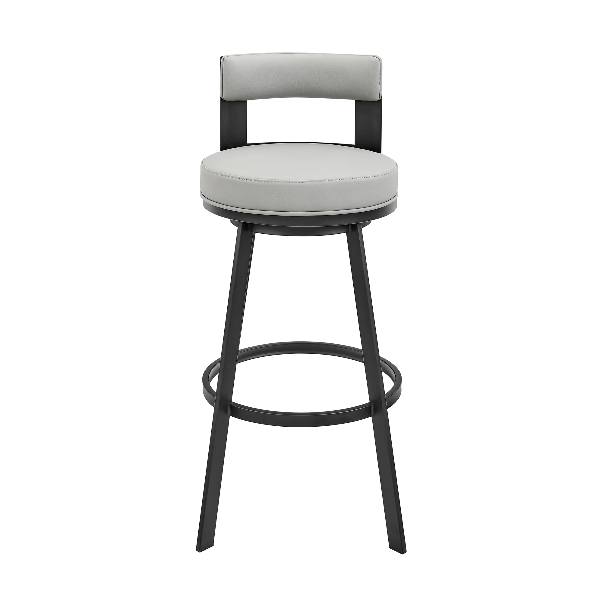 Lynof Swivel Bar Stool in Black Metal with Light Grey Faux Leather By Armen Living - Image 3
