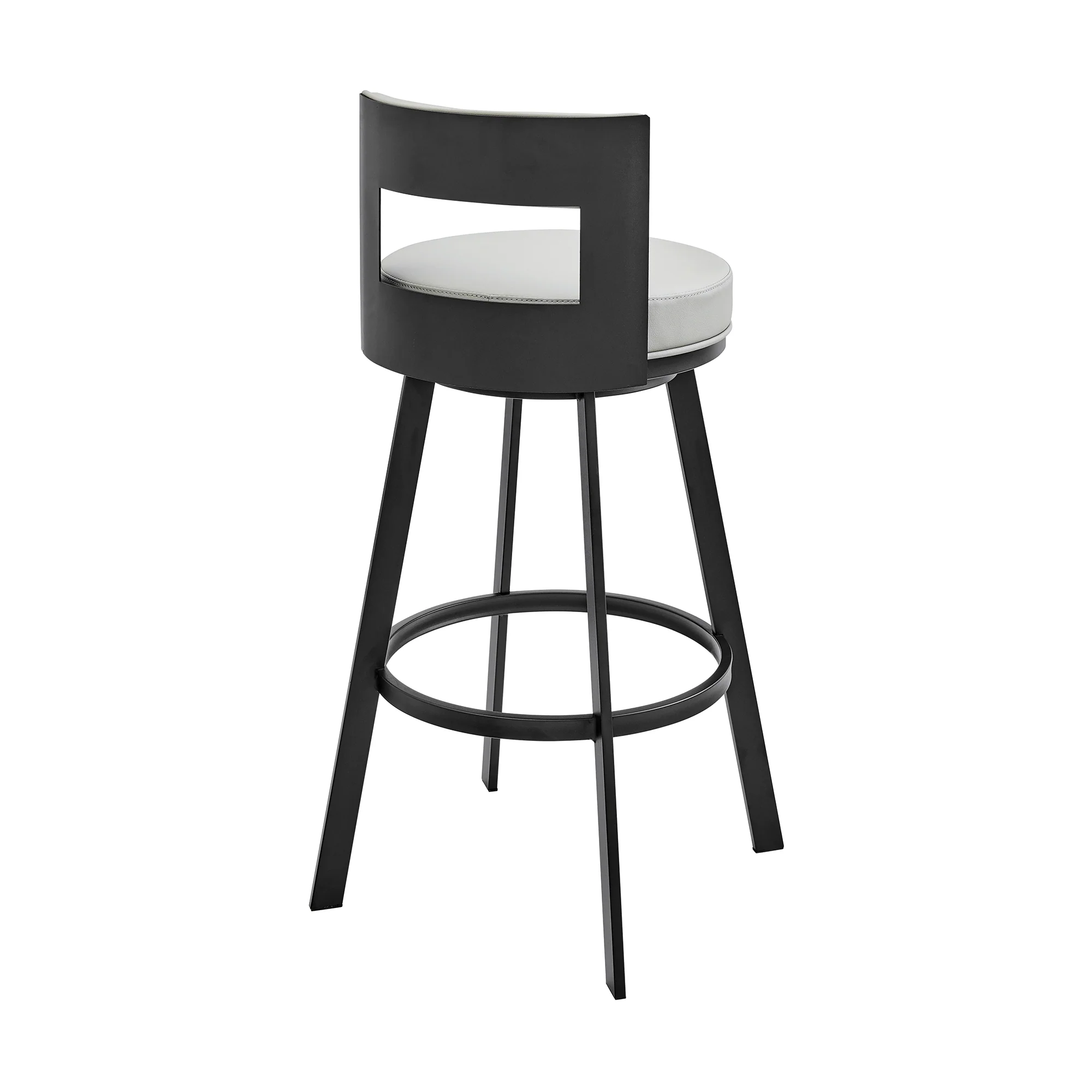 Lynof Swivel Bar Stool in Black Metal with Light Grey Faux Leather By Armen Living - Image 5