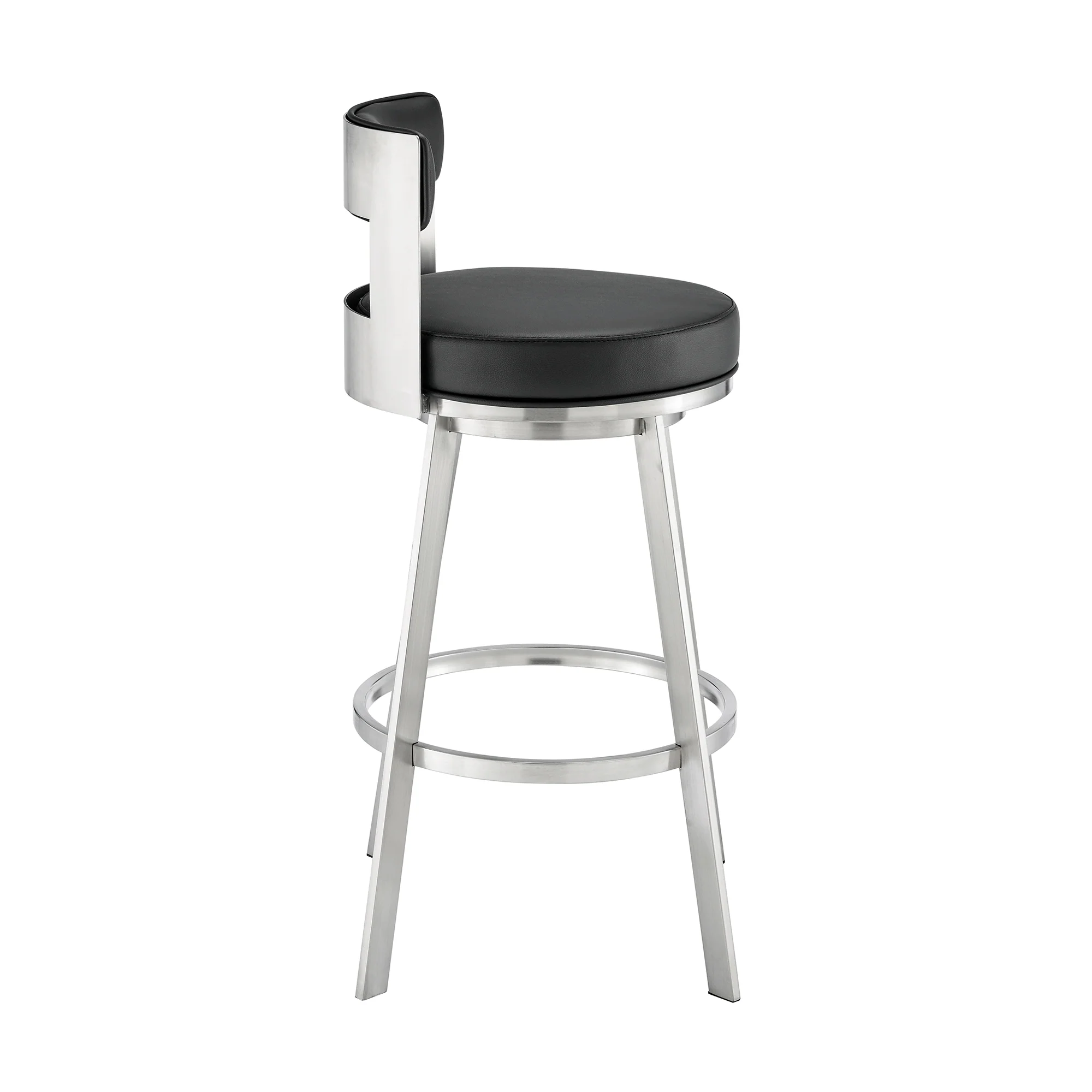Lynof Swivel Bar Stool in Brushed Stainless Steel with Black Faux Leather By Armen Living - Image 4
