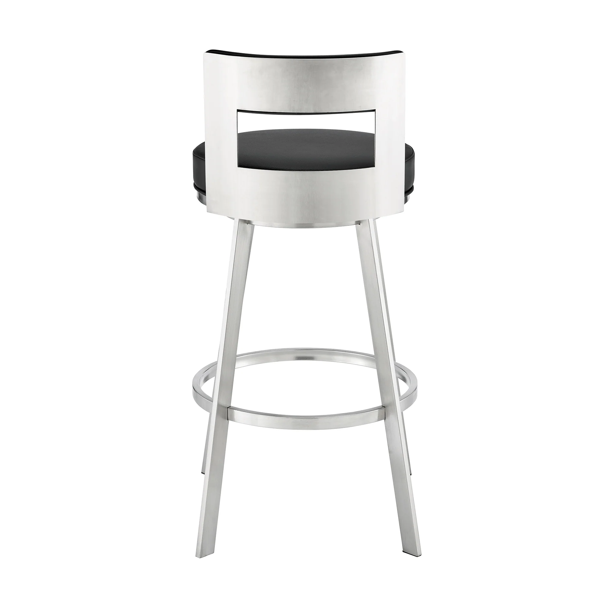 Lynof Swivel Bar Stool in Brushed Stainless Steel with Black Faux Leather By Armen Living - Image 6