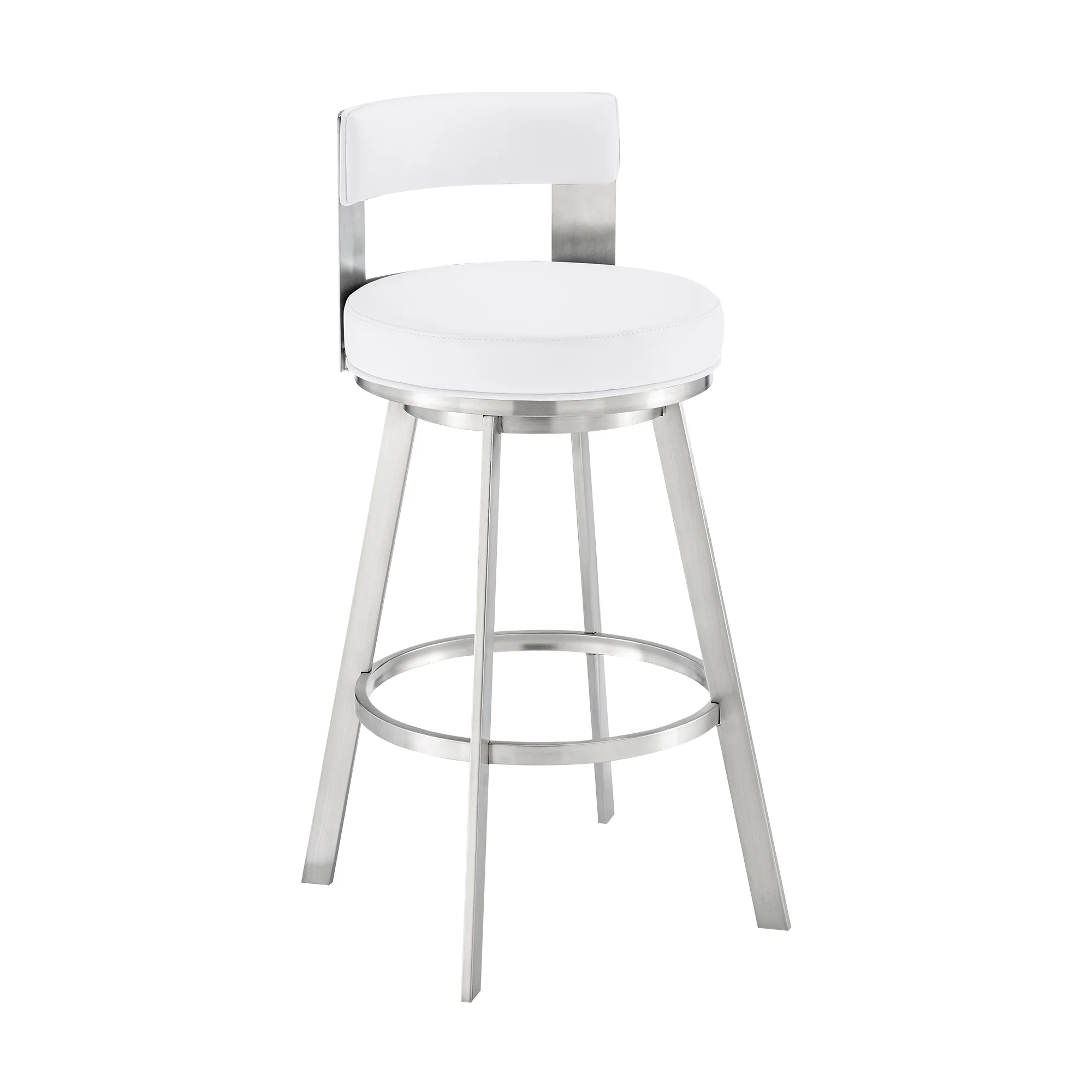Lynof Swivel Bar Stool in Brushed Stainless Steel with White Faux Leather By Armen Living - Image 2