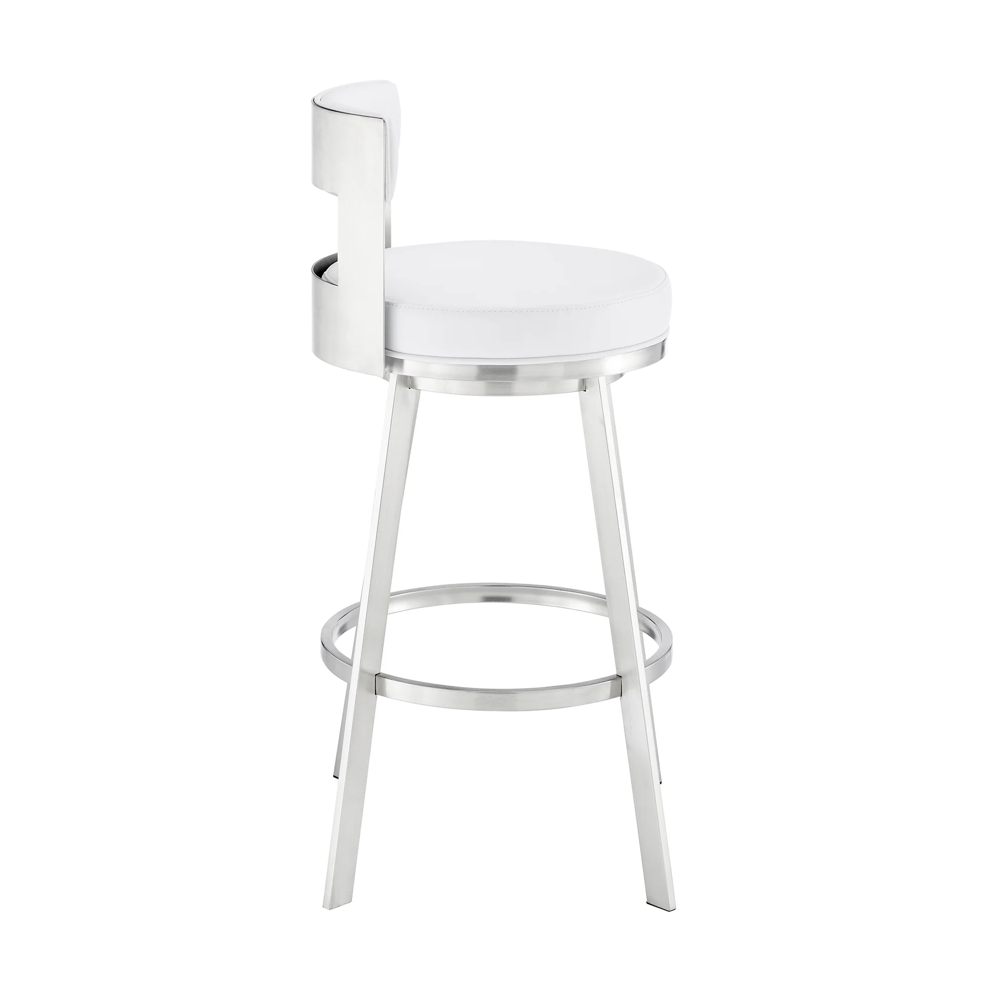 Lynof Swivel Bar Stool in Brushed Stainless Steel with White Faux Leather By Armen Living - Image 4