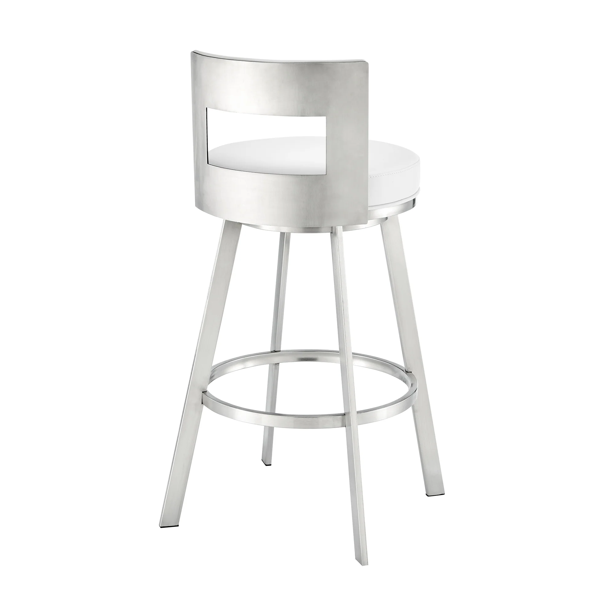 Lynof Swivel Bar Stool in Brushed Stainless Steel with White Faux Leather By Armen Living - Image 5