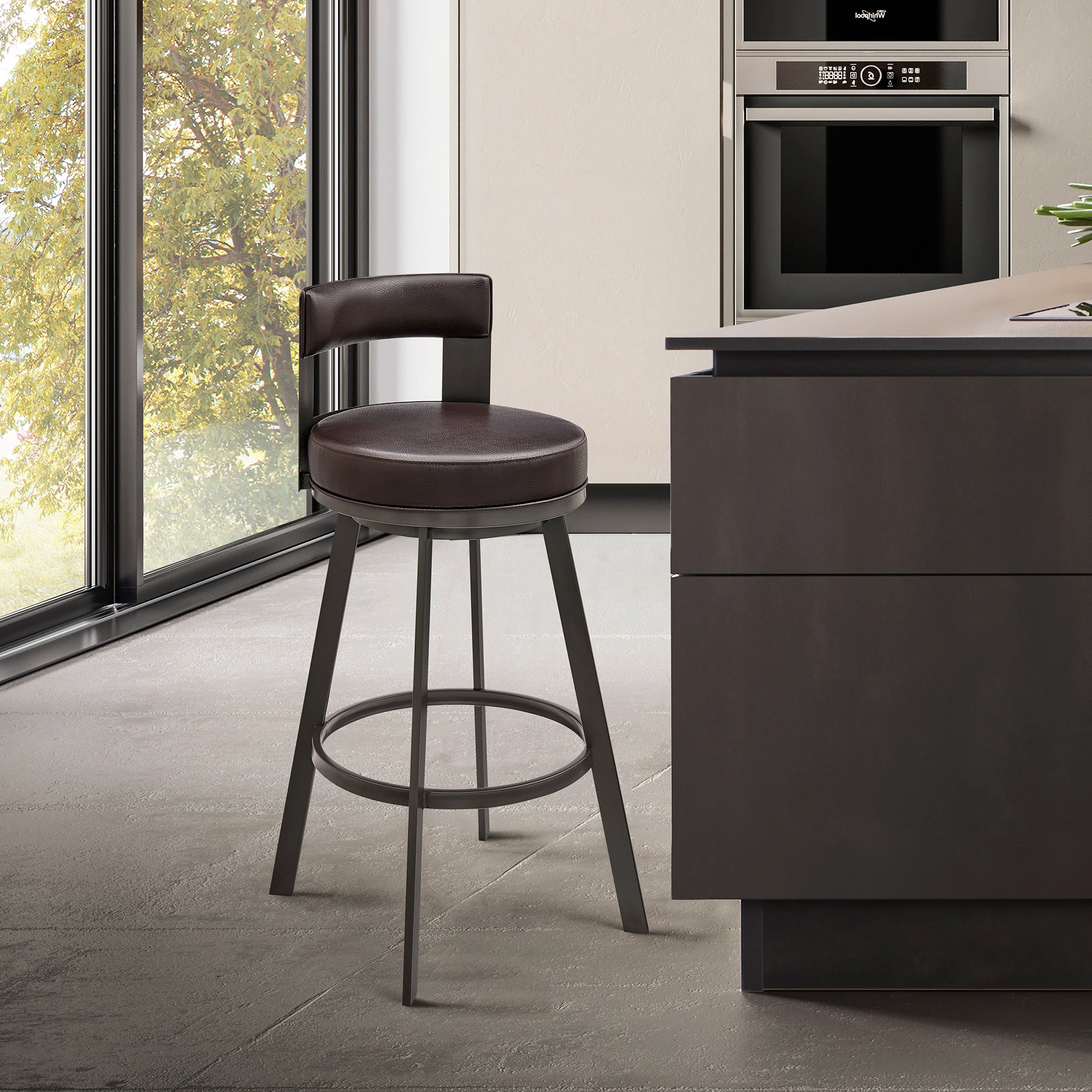Lynof Swivel Counter Stool in Black Metal with Light Grey Faux Leather By Armen Living - Image 11