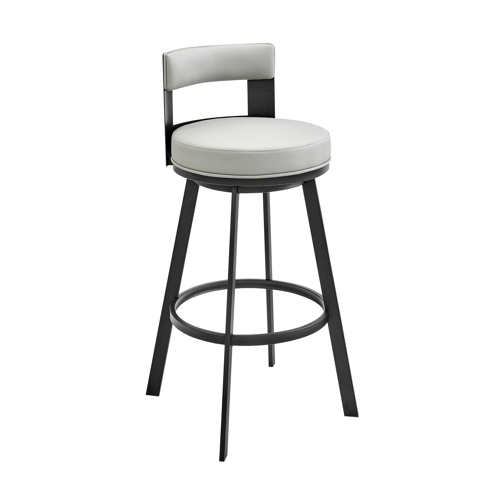 Lynof Swivel Counter Stool in Black Metal with Light Grey Faux Leather By Armen Living - Image 2