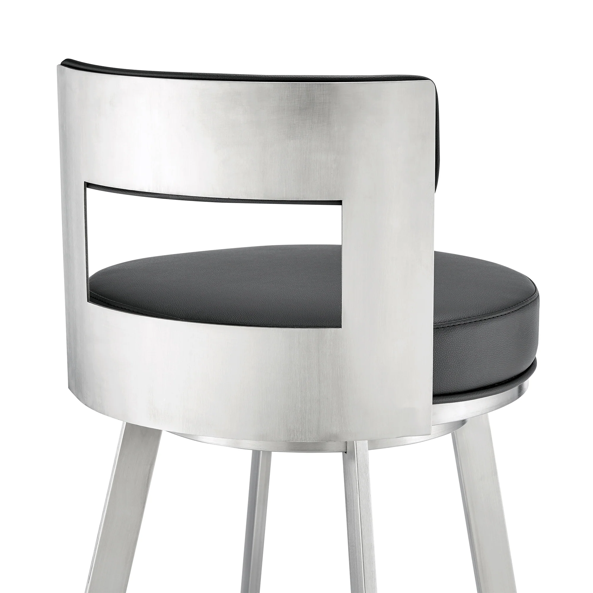 Lynof Swivel Counter Stool in Brushed Stainless Steel with Black Faux Leather By Armen Living - Image 10