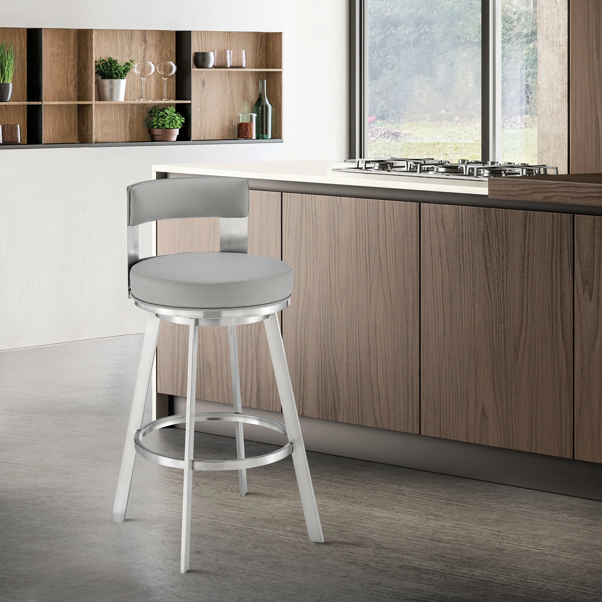 Lynof Swivel Counter Stool in Brushed Stainless Steel with Black Faux Leather By Armen Living - Image 11