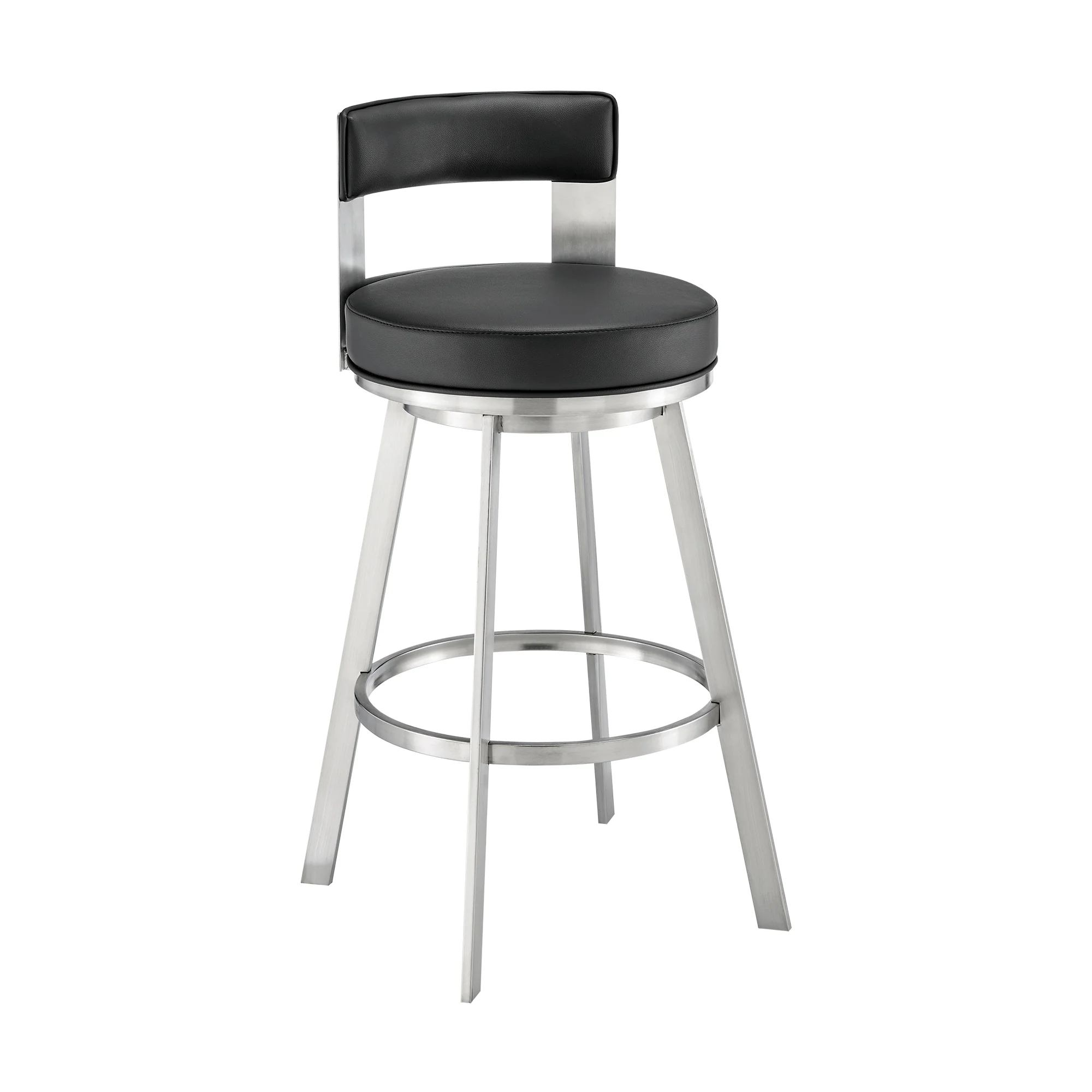 Lynof Swivel Counter Stool in Brushed Stainless Steel with Black Faux Leather By Armen Living - Image 2