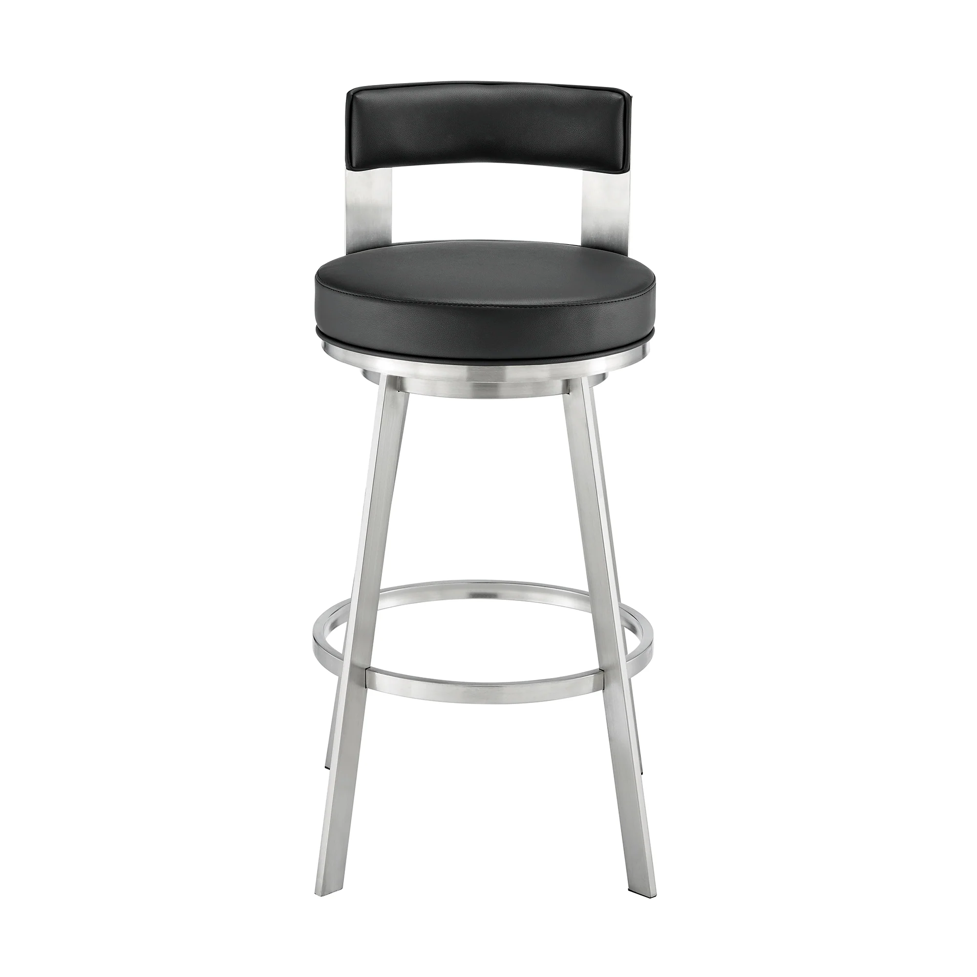 Lynof Swivel Counter Stool in Brushed Stainless Steel with Black Faux Leather By Armen Living - Image 3