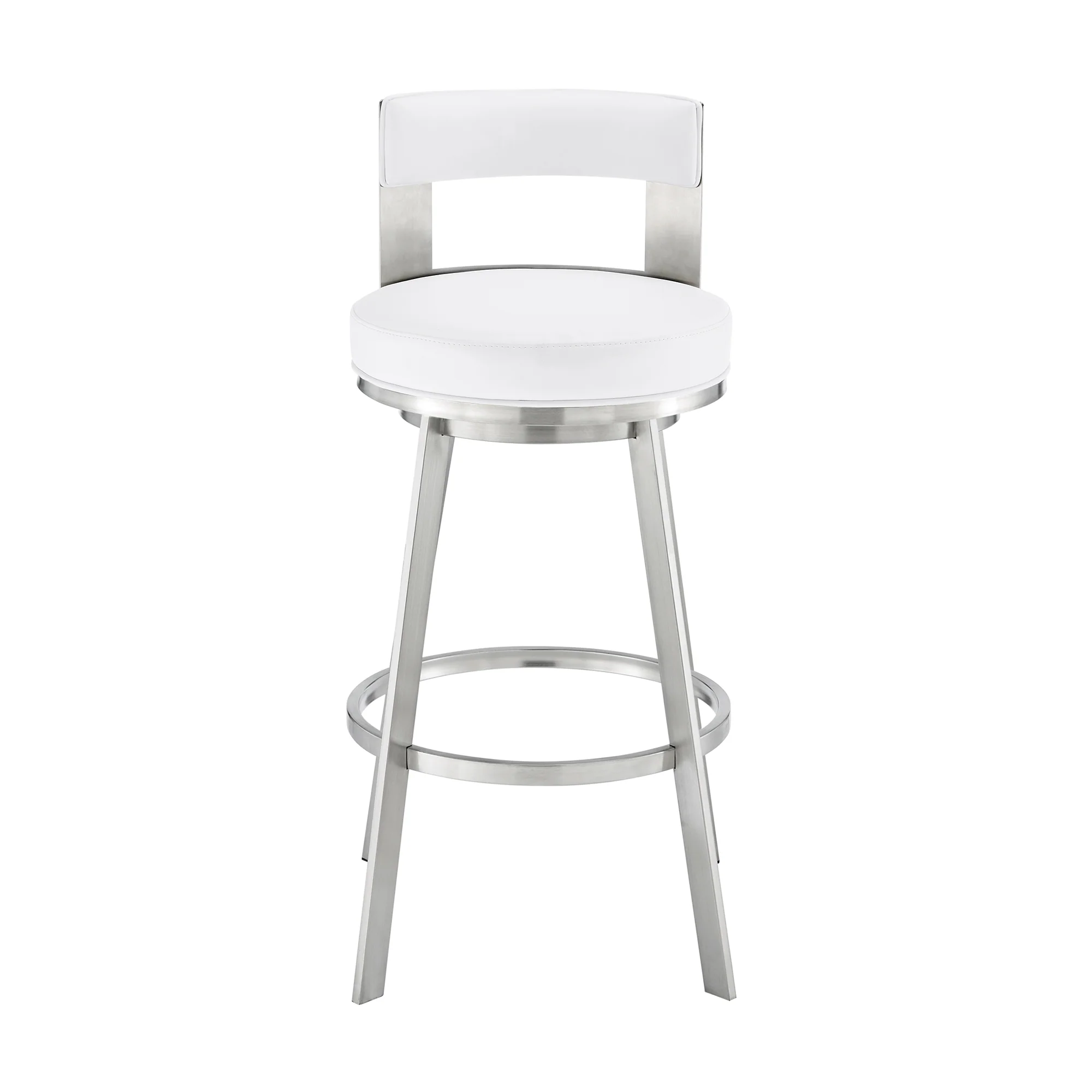 Lynof Swivel Counter Stool in Brushed Stainless Steel with White Faux Leather By Armen Living - Image 3