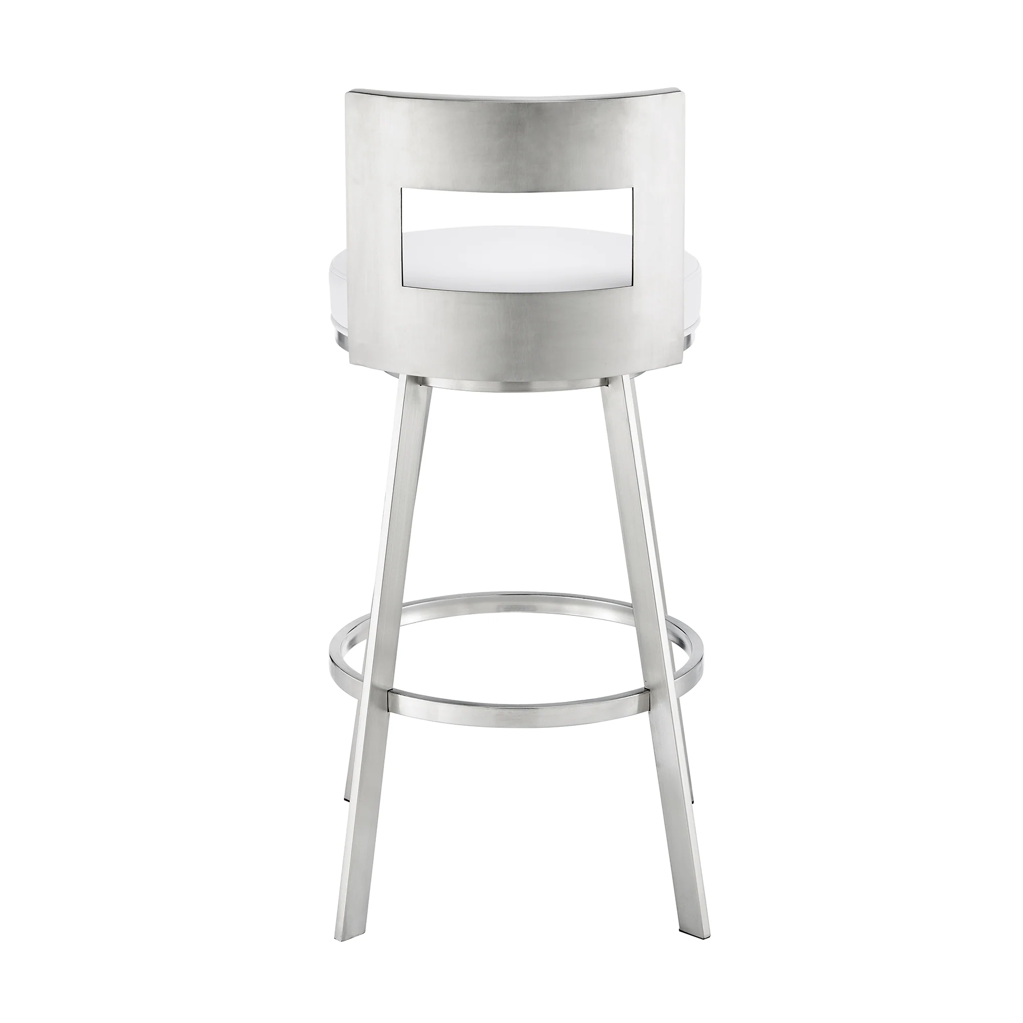Lynof Swivel Counter Stool in Brushed Stainless Steel with White Faux Leather By Armen Living - Image 6