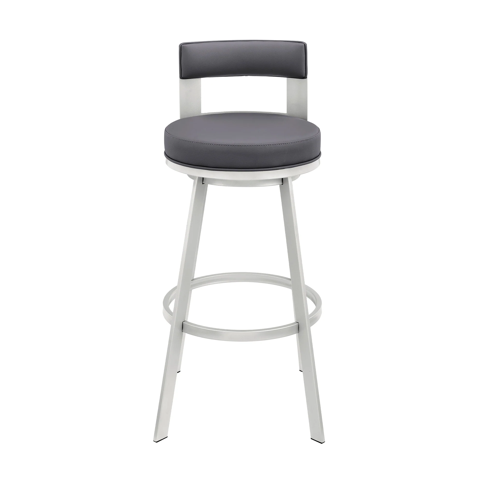 Lynof Swivel Counter Stool in Silver Metal with Grey Faux Leather By Armen Living - Image 3