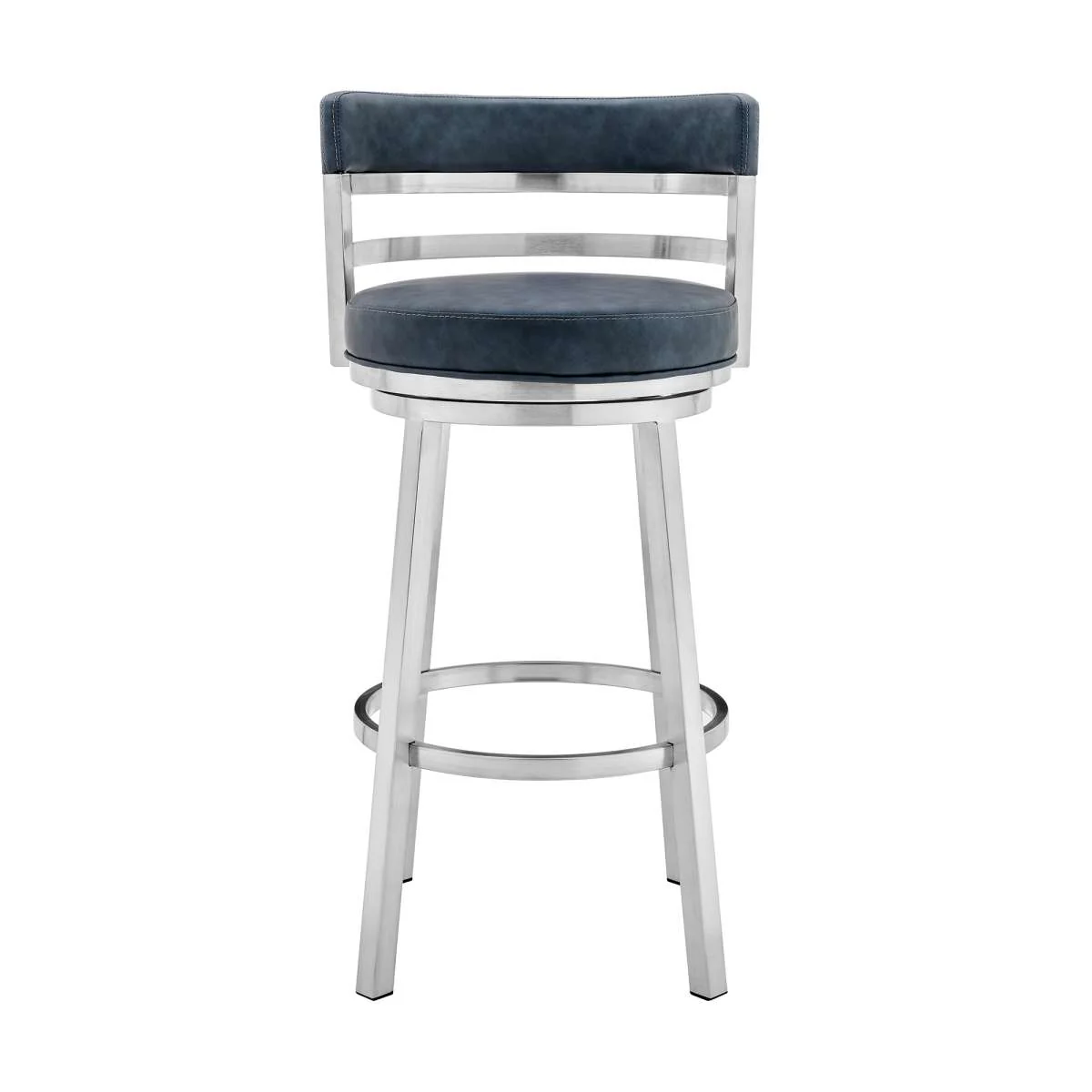 Madrid 26" Counter Height Swivel Blue Faux Leather and Brushed Stainless Steel Bar Stool By Armen Living - Image 2