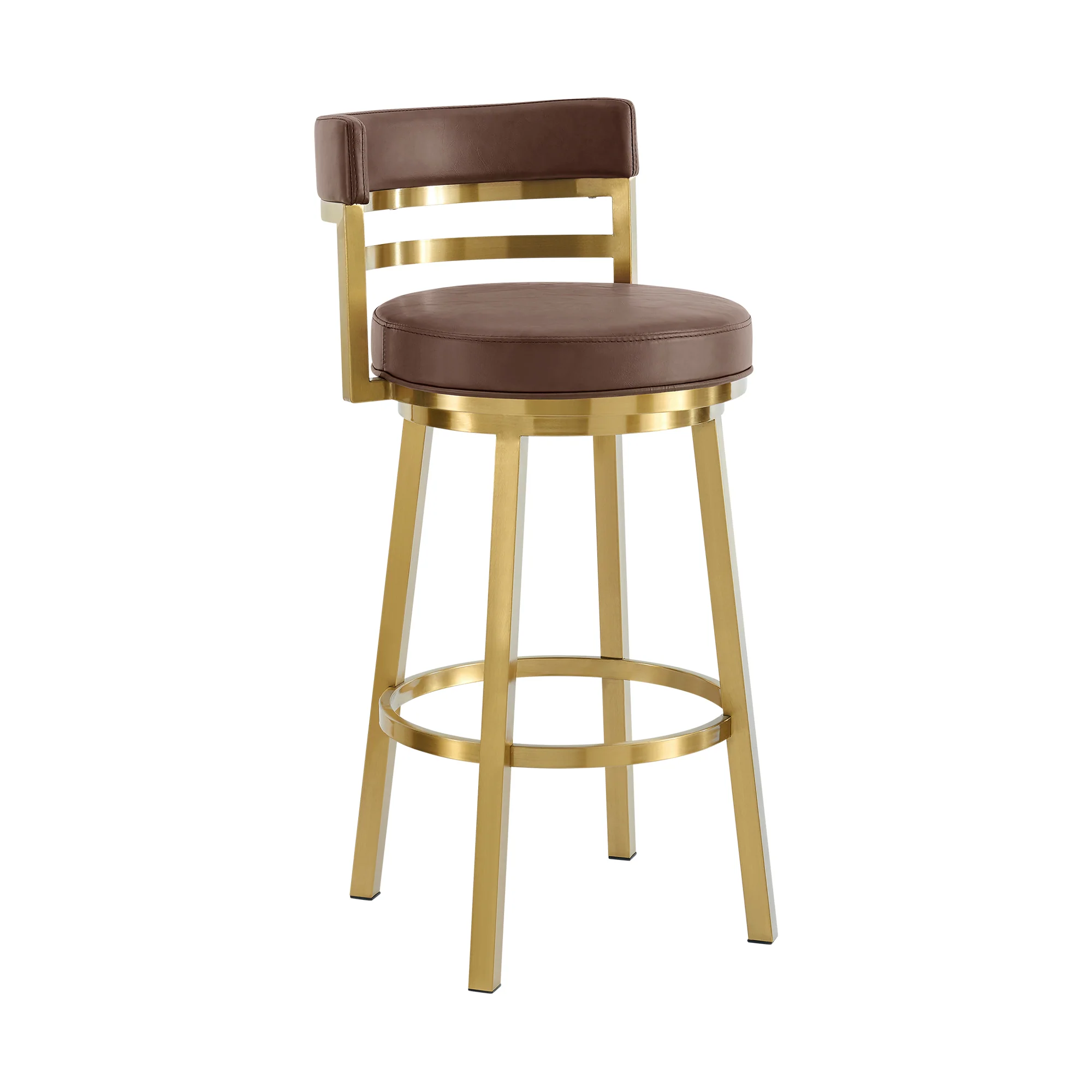 Madrid 26" Swivel Counter Stool in Gold Brushed Stainless Steel with Vintage Coffee Faux Leather By Armen Living - Image 2