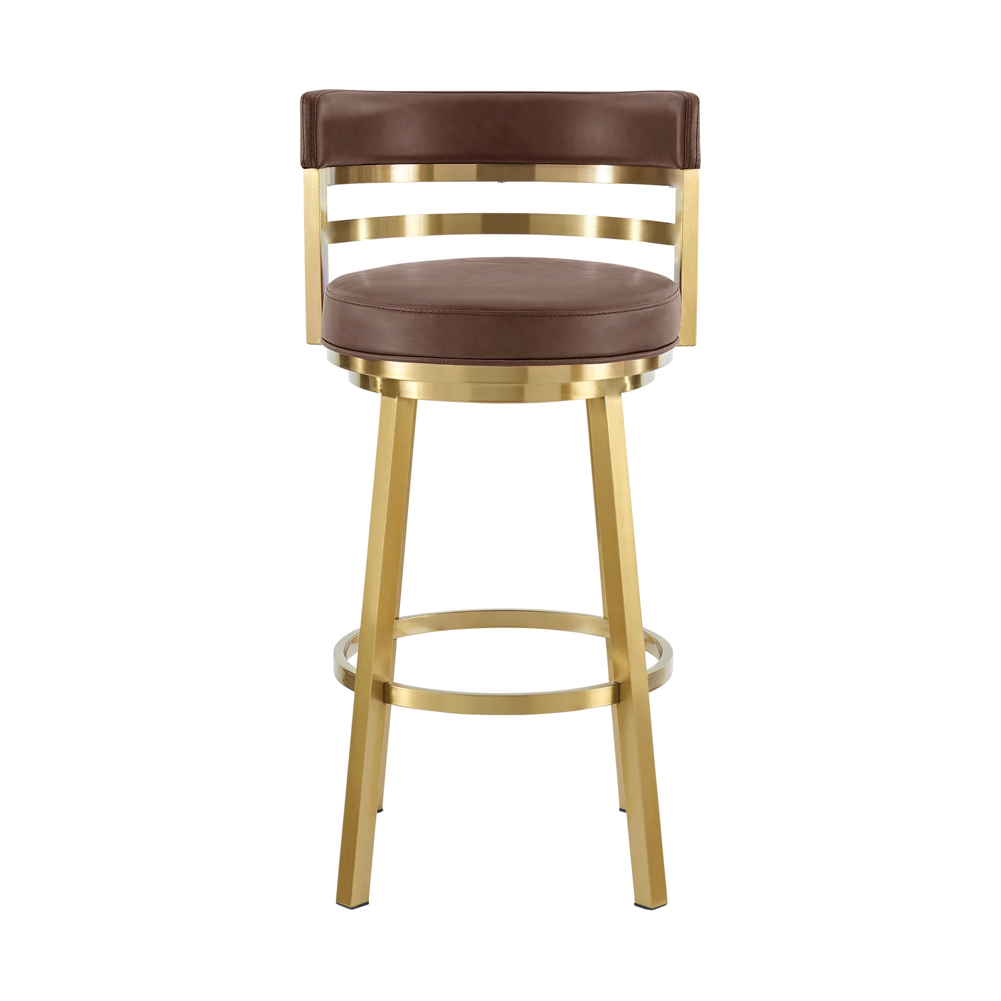 Madrid 26" Swivel Counter Stool in Gold Brushed Stainless Steel with Vintage Coffee Faux Leather By Armen Living - Image 3