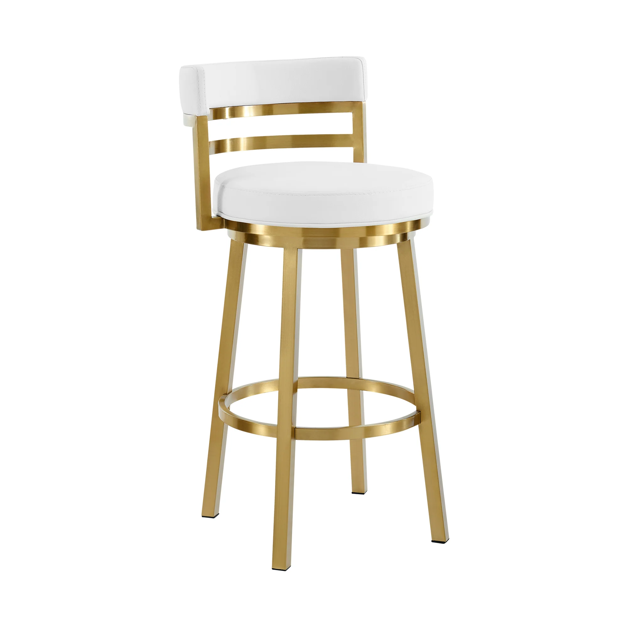 Madrid 26" Swivel Counter Stool in Gold Brushed Stainless Steel with White Faux Leather By Armen Living - Image 2