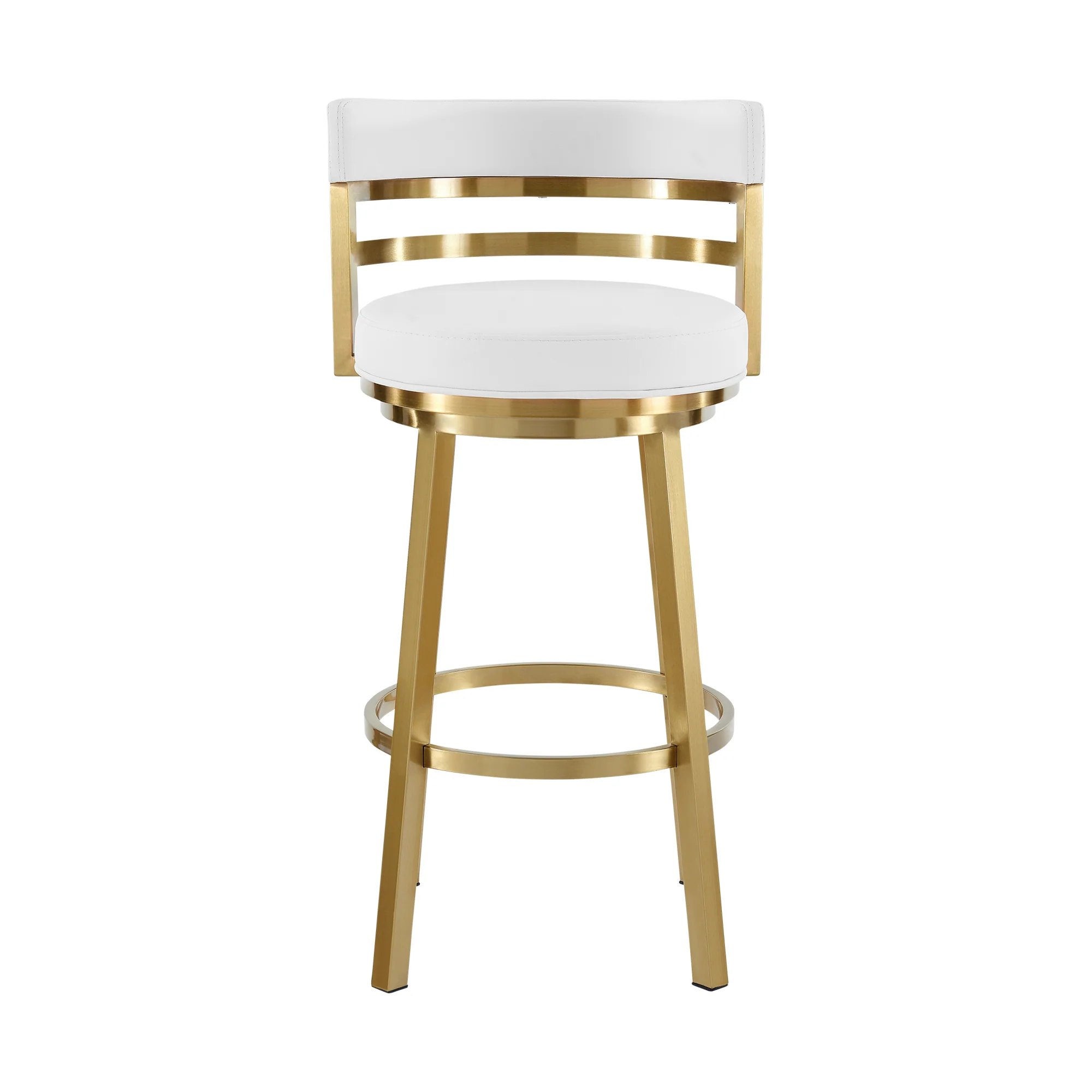 Madrid 26" Swivel Counter Stool in Gold Brushed Stainless Steel with White Faux Leather By Armen Living - Image 3