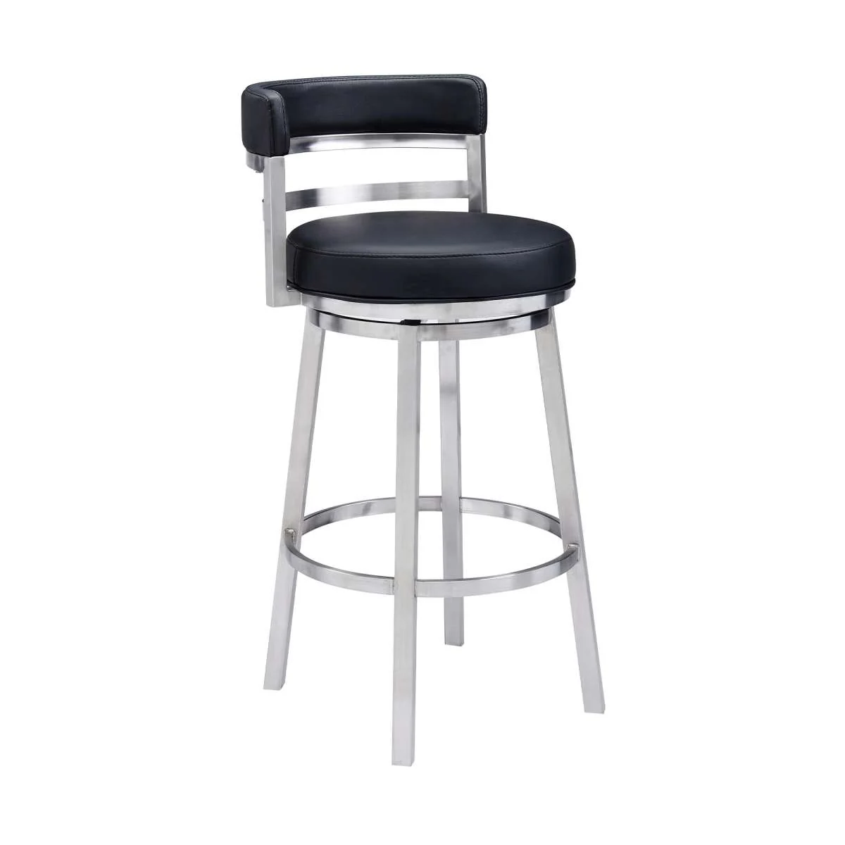 Madrid 30" Bar Height Swivel Black Faux Leather and Brushed Stainless Steel Bar Stool By Armen Living - Image 2