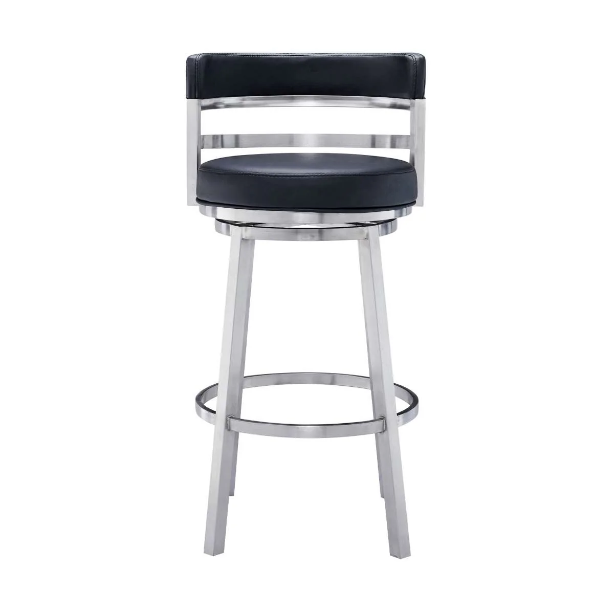 Madrid 30" Bar Height Swivel Black Faux Leather and Brushed Stainless Steel Bar Stool By Armen Living - Image 3