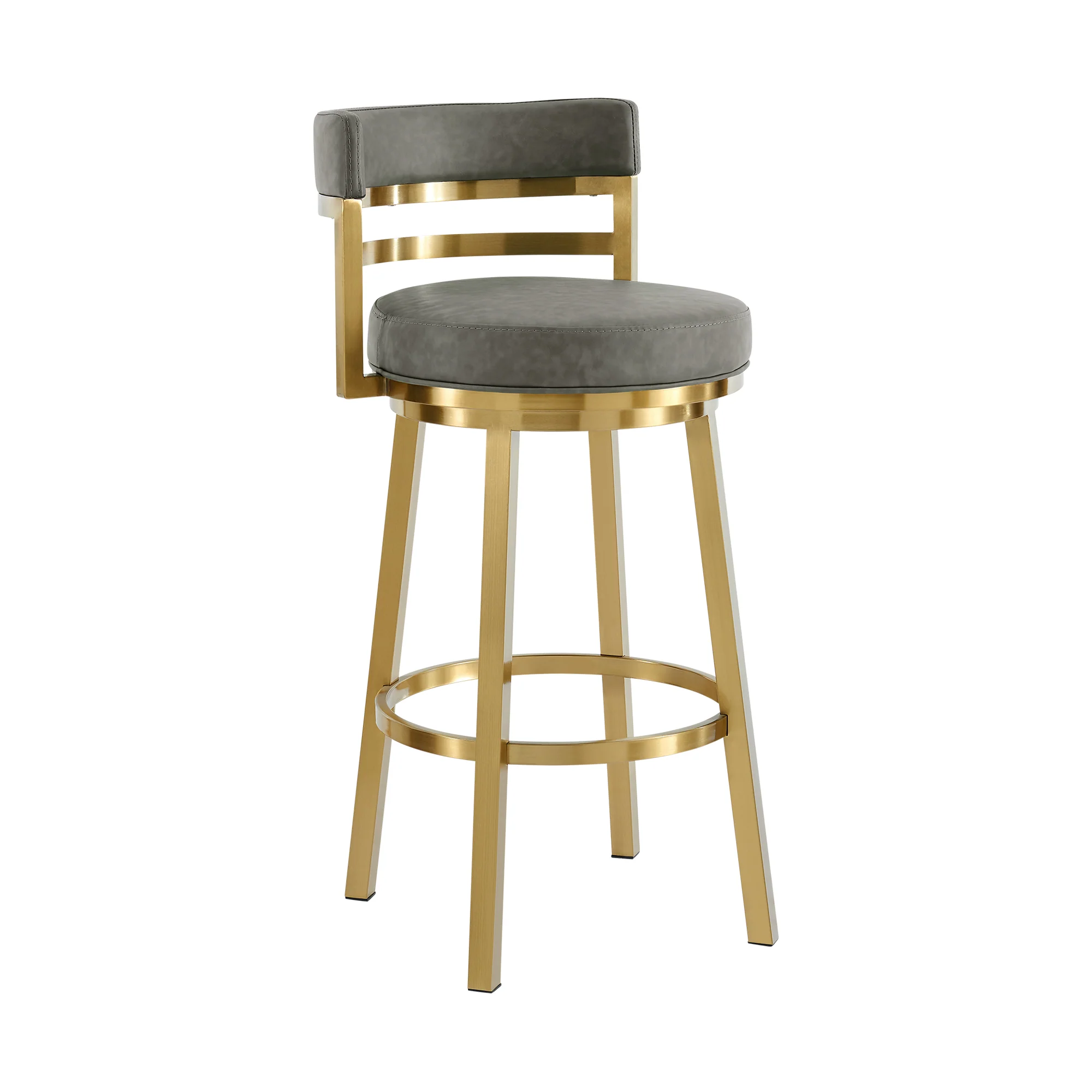 Madrid 30" Swivel Counter Stool with Gold Brushed Stainless Steel and Vintage Gray Faux Leather By Armen Living - Image 2
