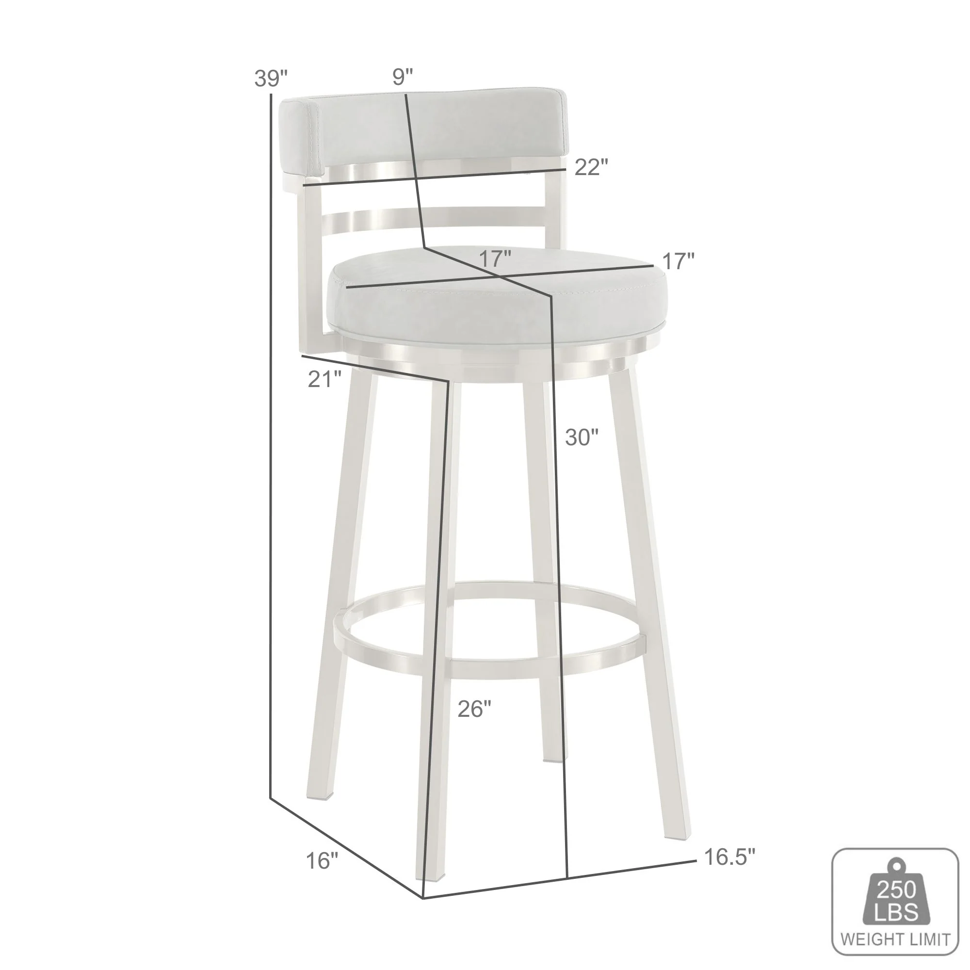 Madrid 30" Swivel Counter Stool with Gold Brushed Stainless Steel and Vintage Gray Faux Leather By Armen Living - Image 9