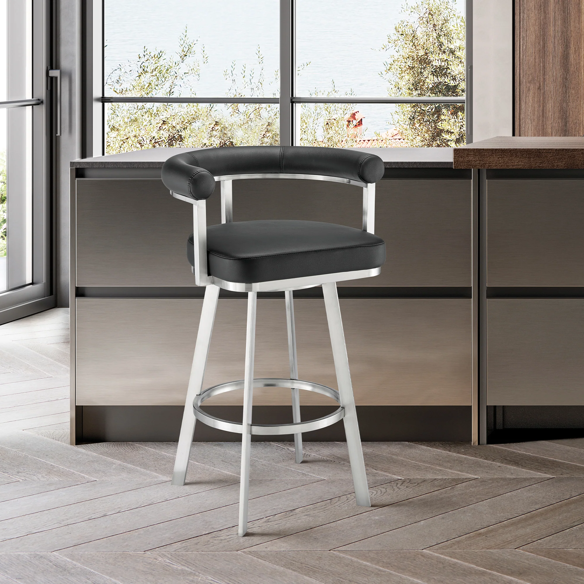 Magnolia 26" Swivel Counter Stool in Black Metal with Brown Faux Leather By Armen Living - Image 10