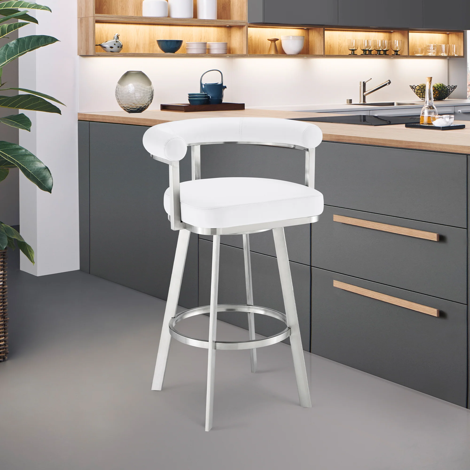 Magnolia 30" Swivel Bar Stool in Brushed Stainless Steel with Black Faux Leather By Armen Living - Image 19