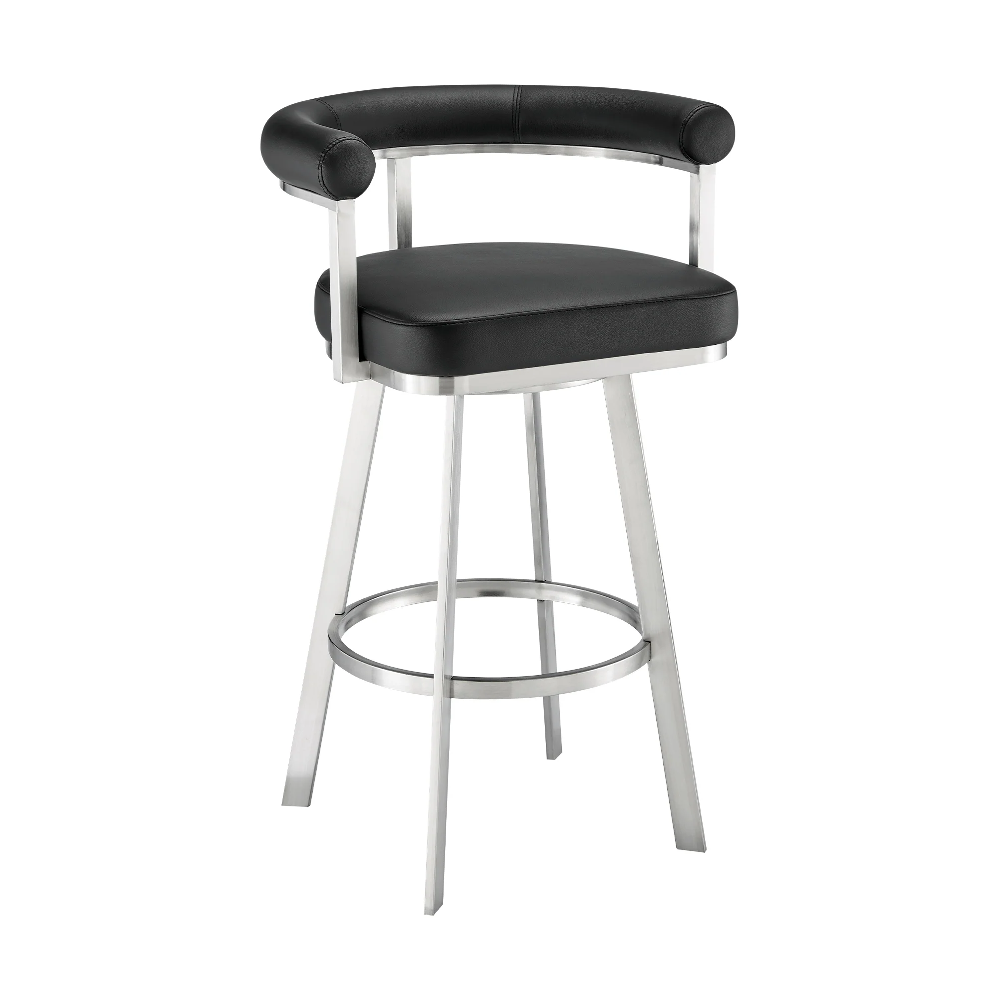 Magnolia 30" Swivel Bar Stool in Brushed Stainless Steel with Black Faux Leather By Armen Living - Image 2