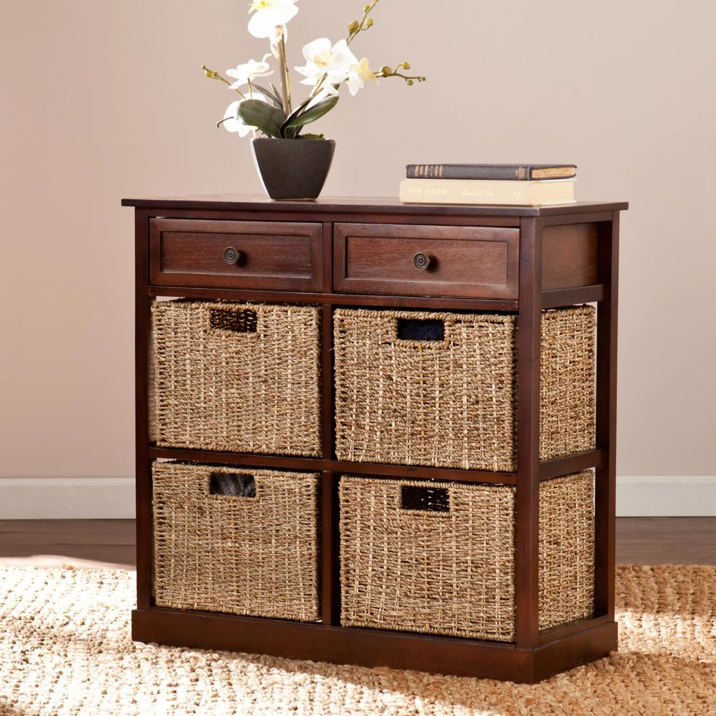 Mahogany And Seagrass Basket Storage Shelving Unit By Homeroots - Image 2