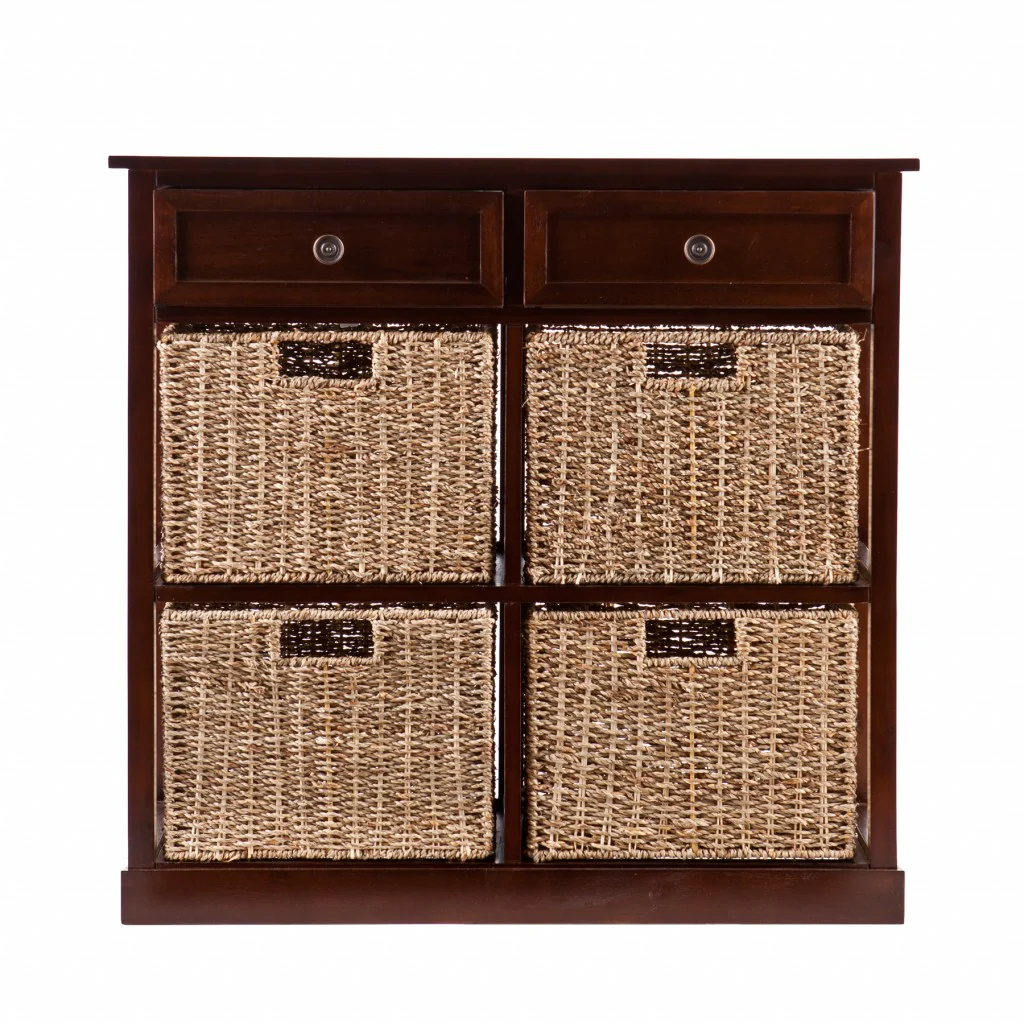 Mahogany And Seagrass Basket Storage Shelving Unit By Homeroots - Image 3