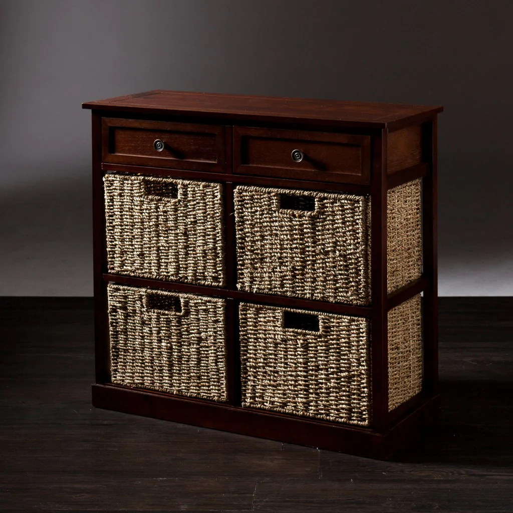 Mahogany And Seagrass Basket Storage Shelving Unit By Homeroots - Image 5