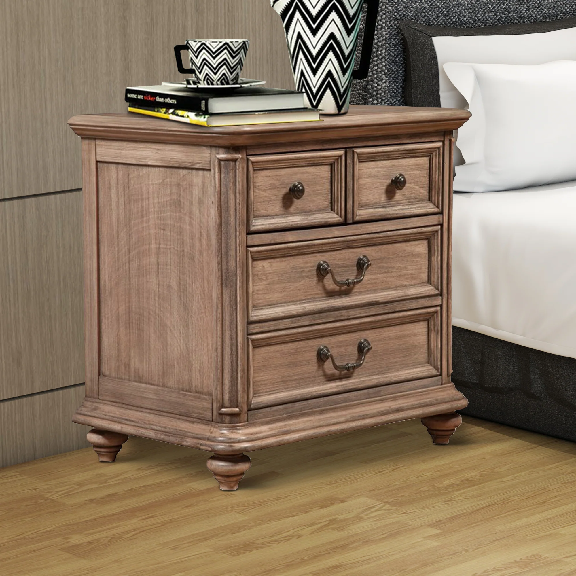 Mahogany Wood 2 Drawer Nightstand In French Truffle Brown By Benzara - Image 3