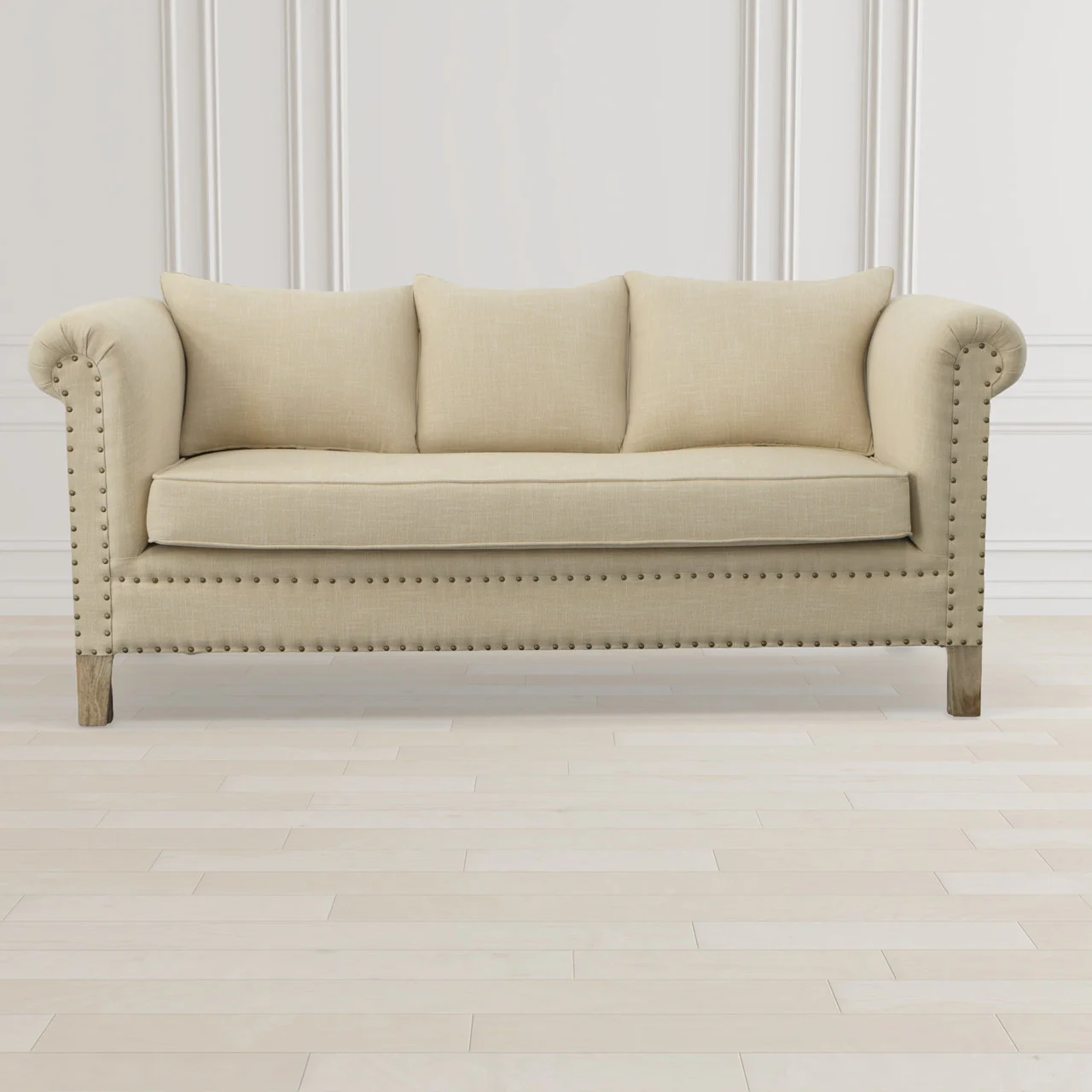 Mango Wood Solid Parquet and Linen Sofa 72 Inches - Image 2
