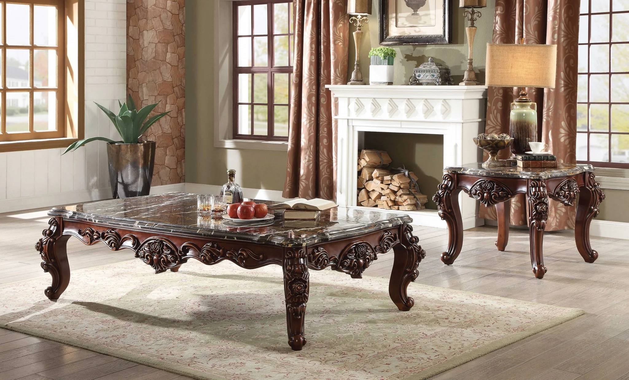 Marble Walnut Wood Coffee Table By Homeroots - 347442 - Image 2