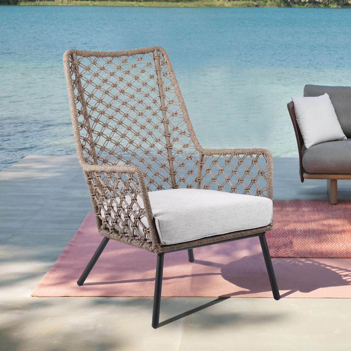 Marco Indoor Outdoor Steel Lounge Chair with Grey Rope and Grey Cushion By Armen Living - Image 15