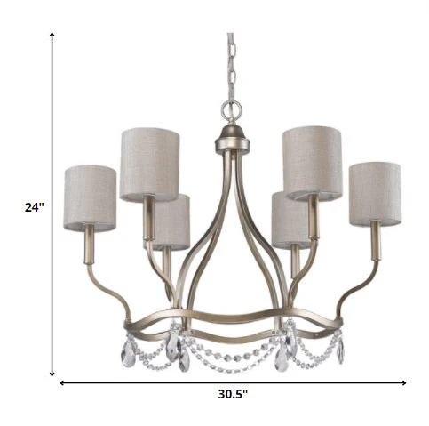 Margaret 6-Light Washed Gold Chandelier With Fabric Shades And Crystal Accents By Homeroots - Image 5