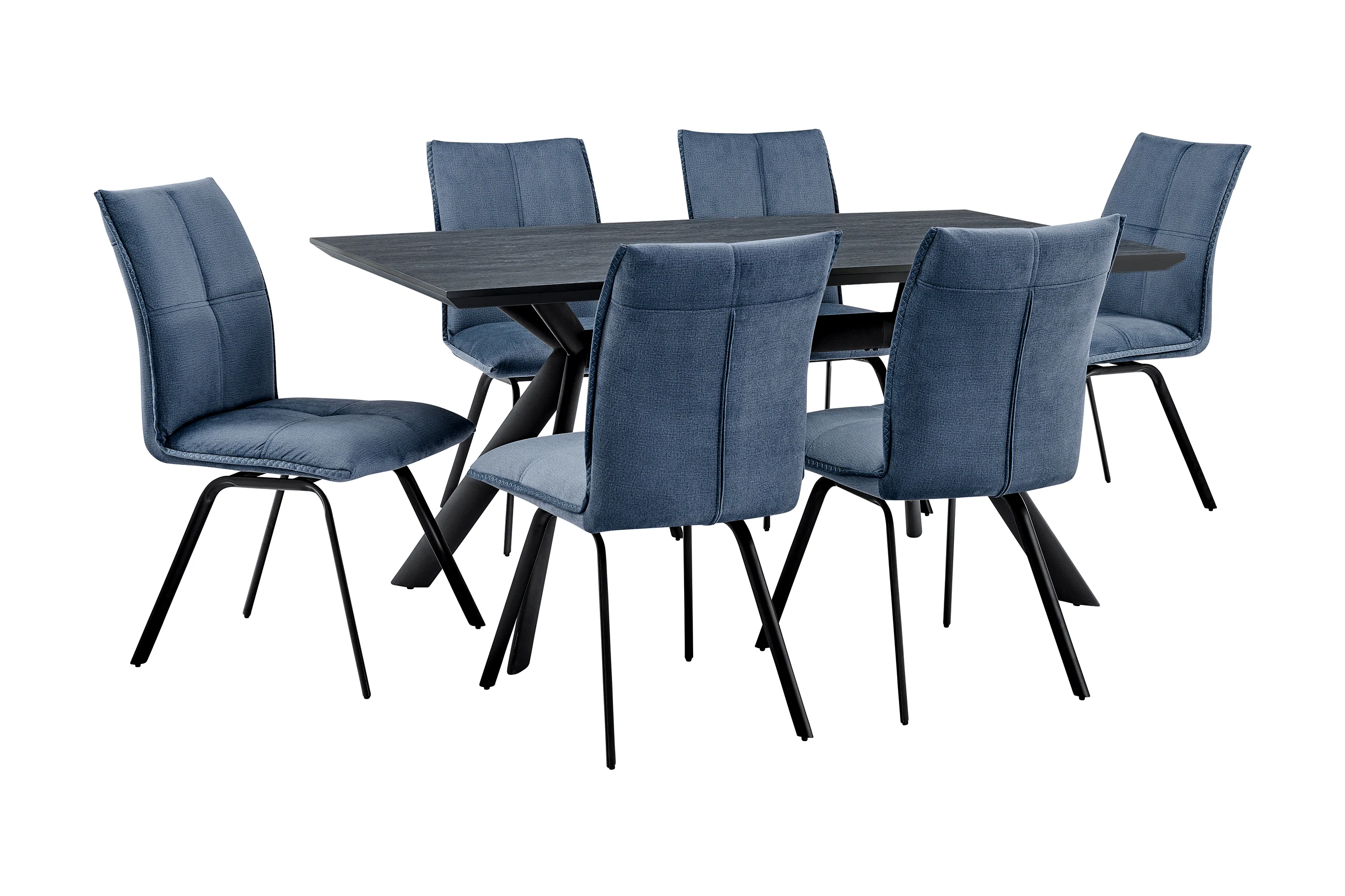Margot and Rylee 7 Piece Modern Rectangular Dining Set in Black Melamine Wood and Blue Fabric By Armen Living - Image 2