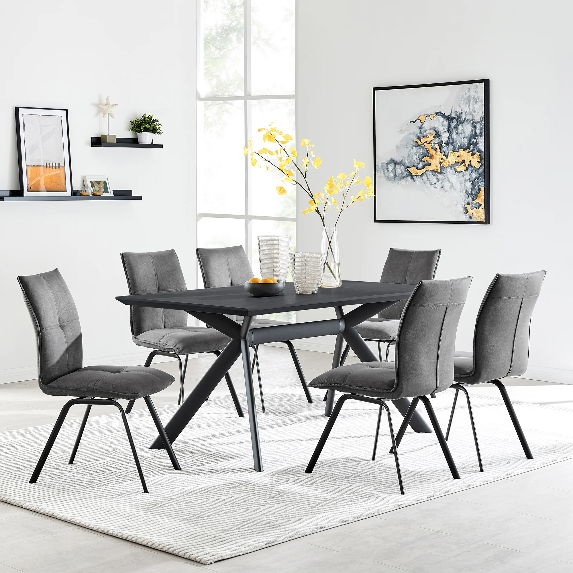 Margot and Rylee 7 Piece Modern Rectangular Dining Set in Black Melamine Wood and Blue Fabric By Armen Living - Image 9