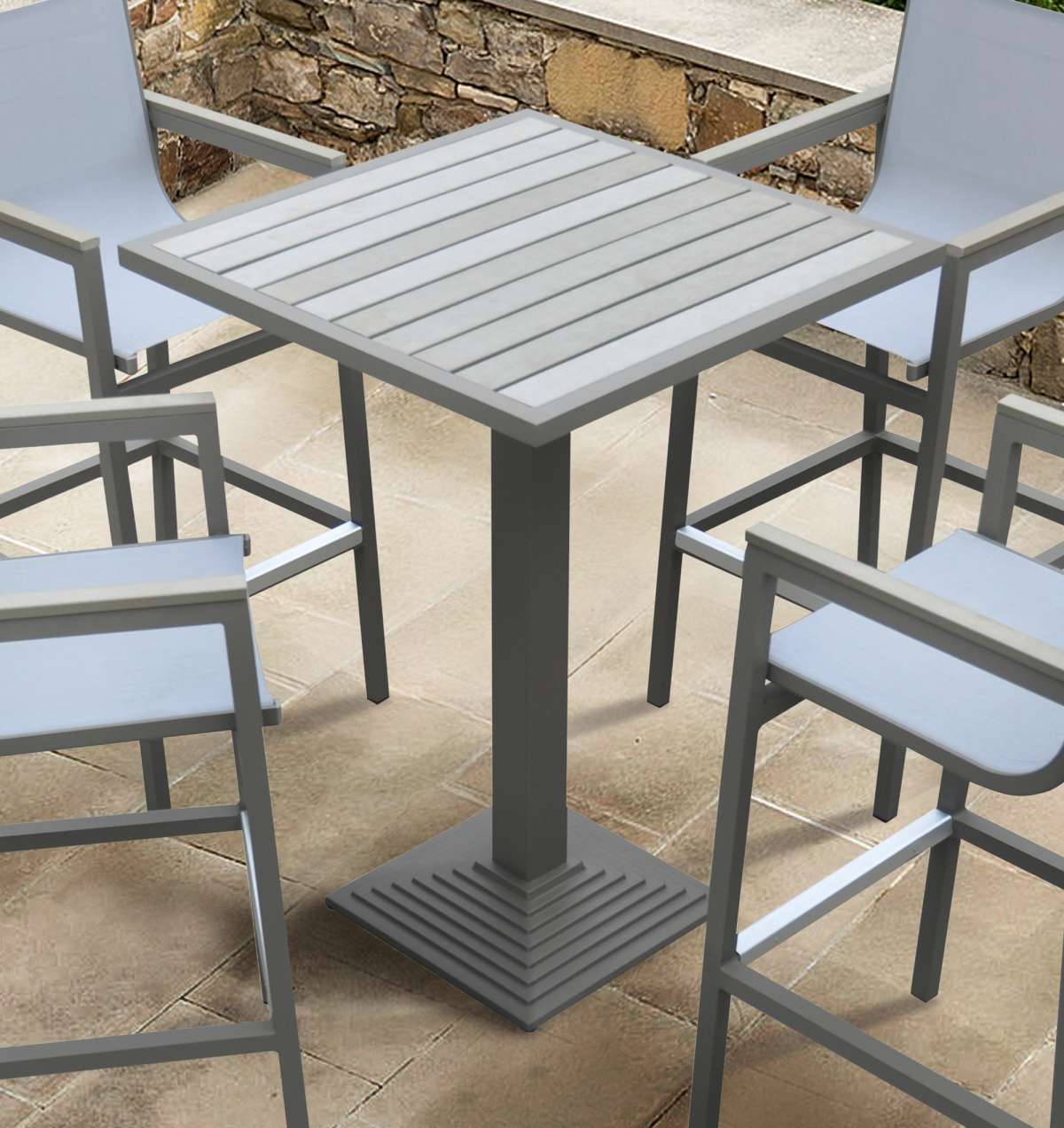 Marina Outdoor Grey Patio Bar Table in Grey Powder Coated Finish and Grey Wood Top By Armen Living - Image 4