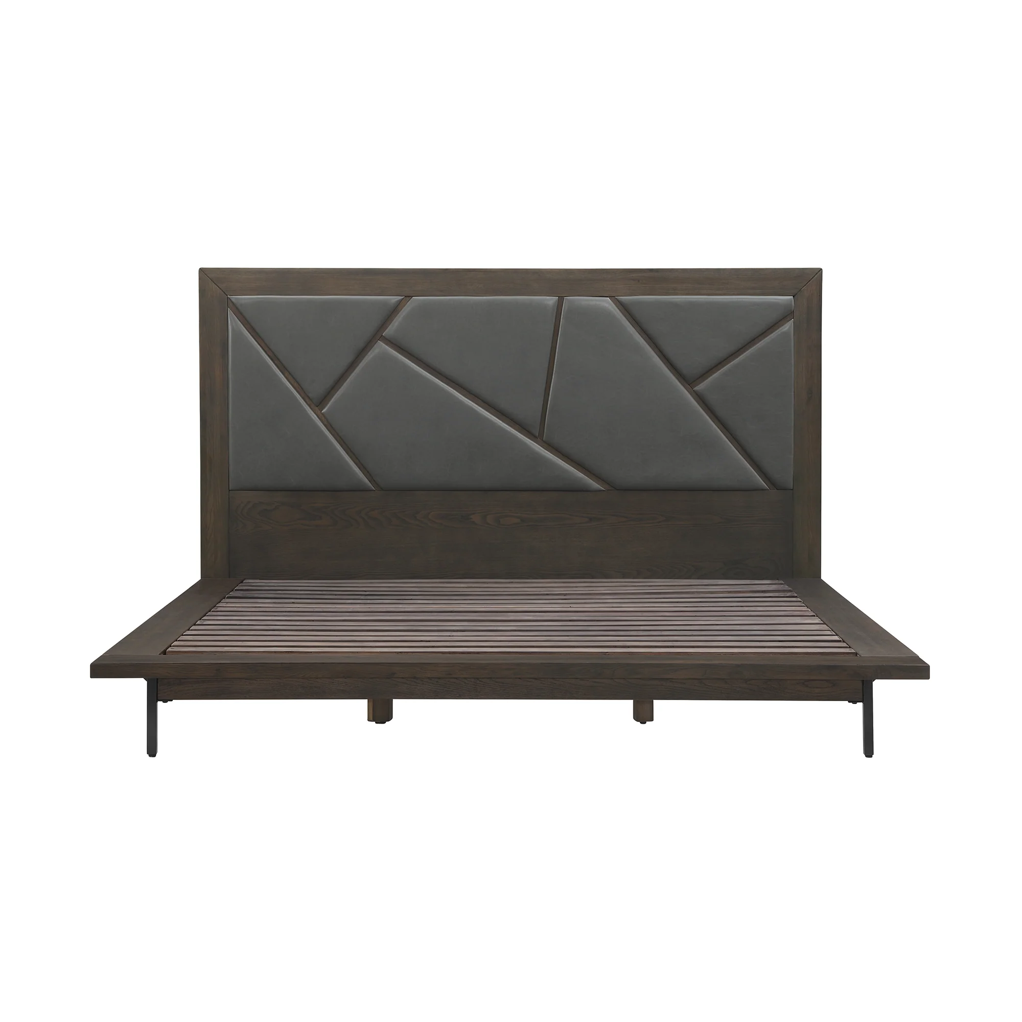 Marquis King Size Platform Bed Frame in Oak Wood with Faux Leather Headboard and Black Metal Legs By Armen Living - Image 2