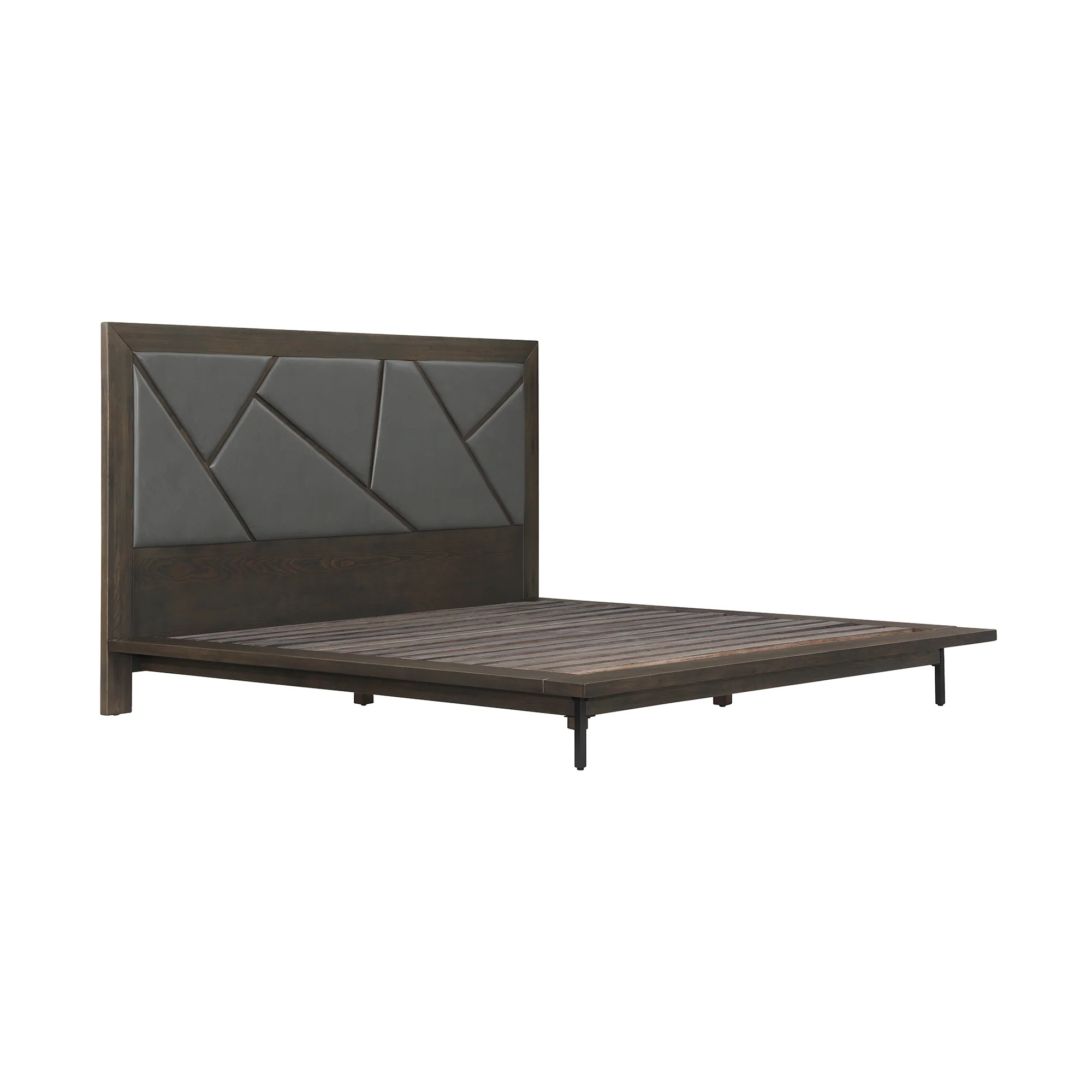 Marquis King Size Platform Bed Frame in Oak Wood with Faux Leather Headboard and Black Metal Legs By Armen Living - Image 4