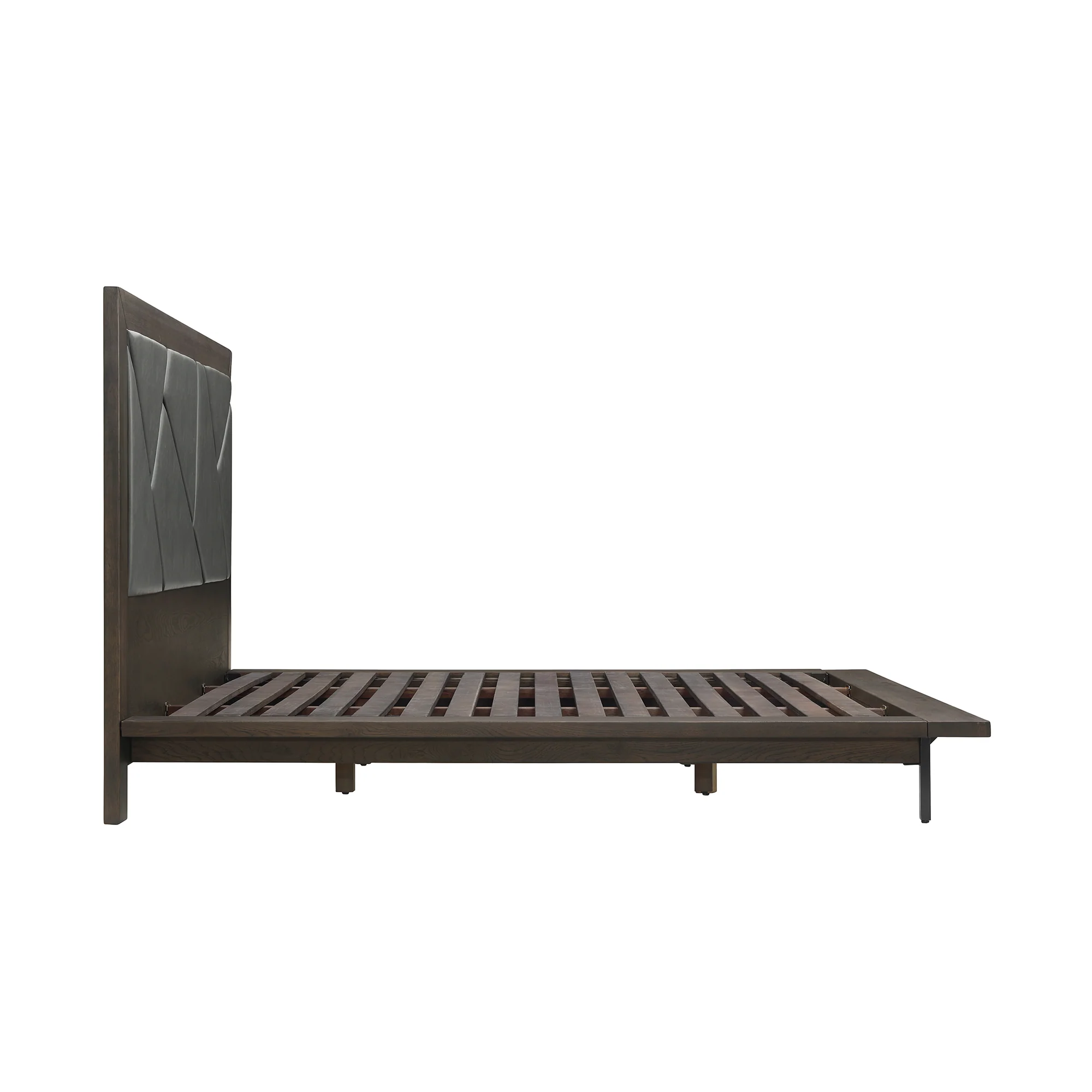 Marquis King Size Platform Bed Frame in Oak Wood with Faux Leather Headboard and Black Metal Legs By Armen Living - Image 5